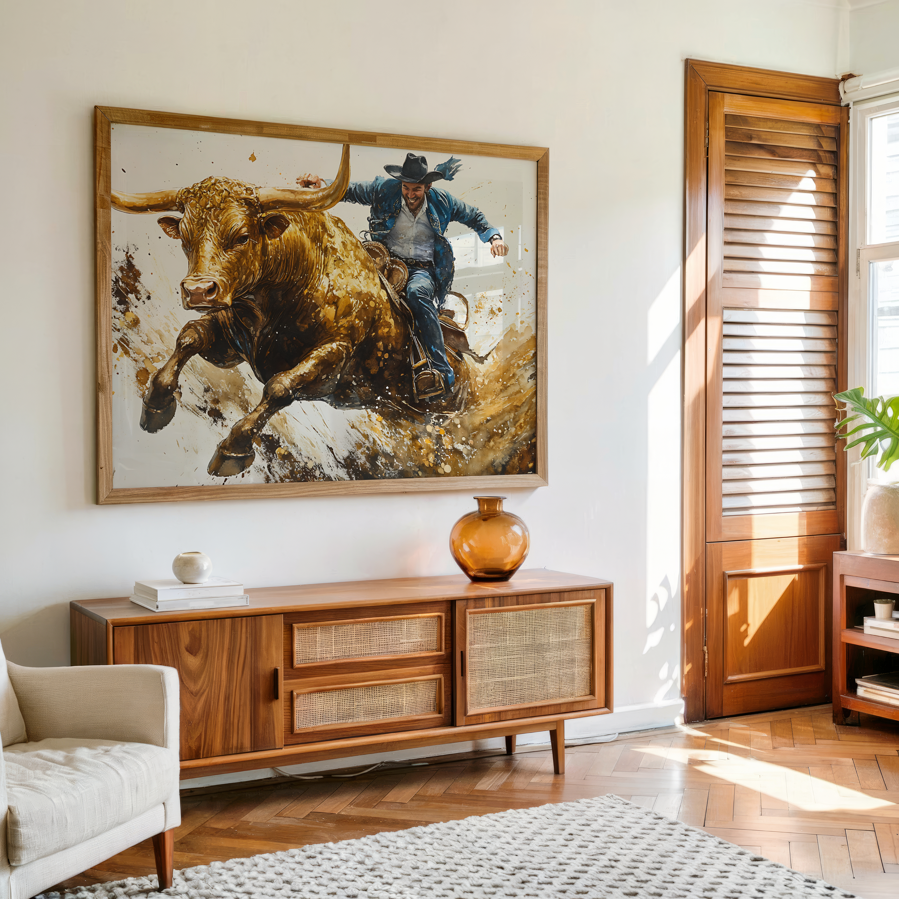 Cowboy riding golden bull framed canvas wall art