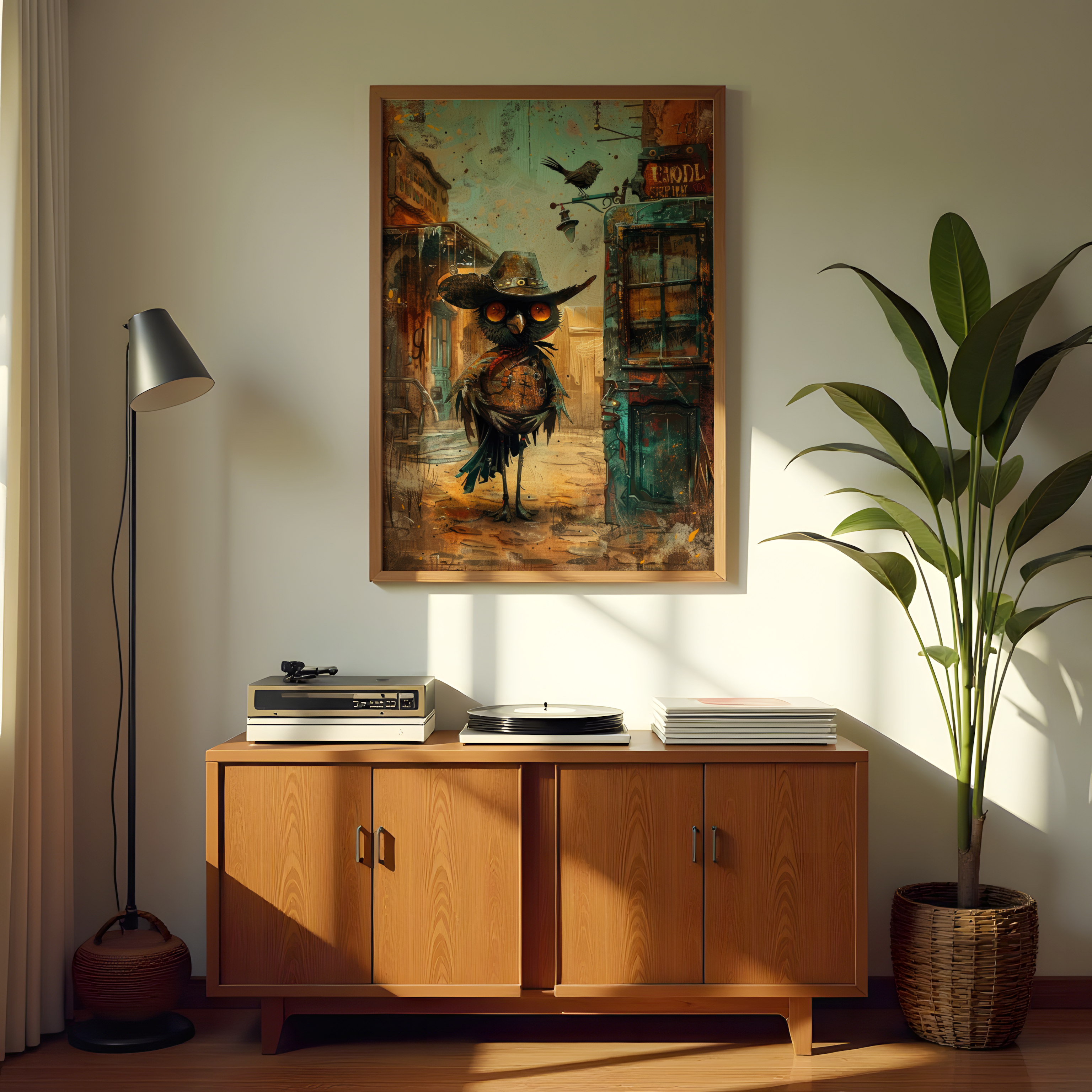 Cowboy owl wall art canvas print with vintage western street background