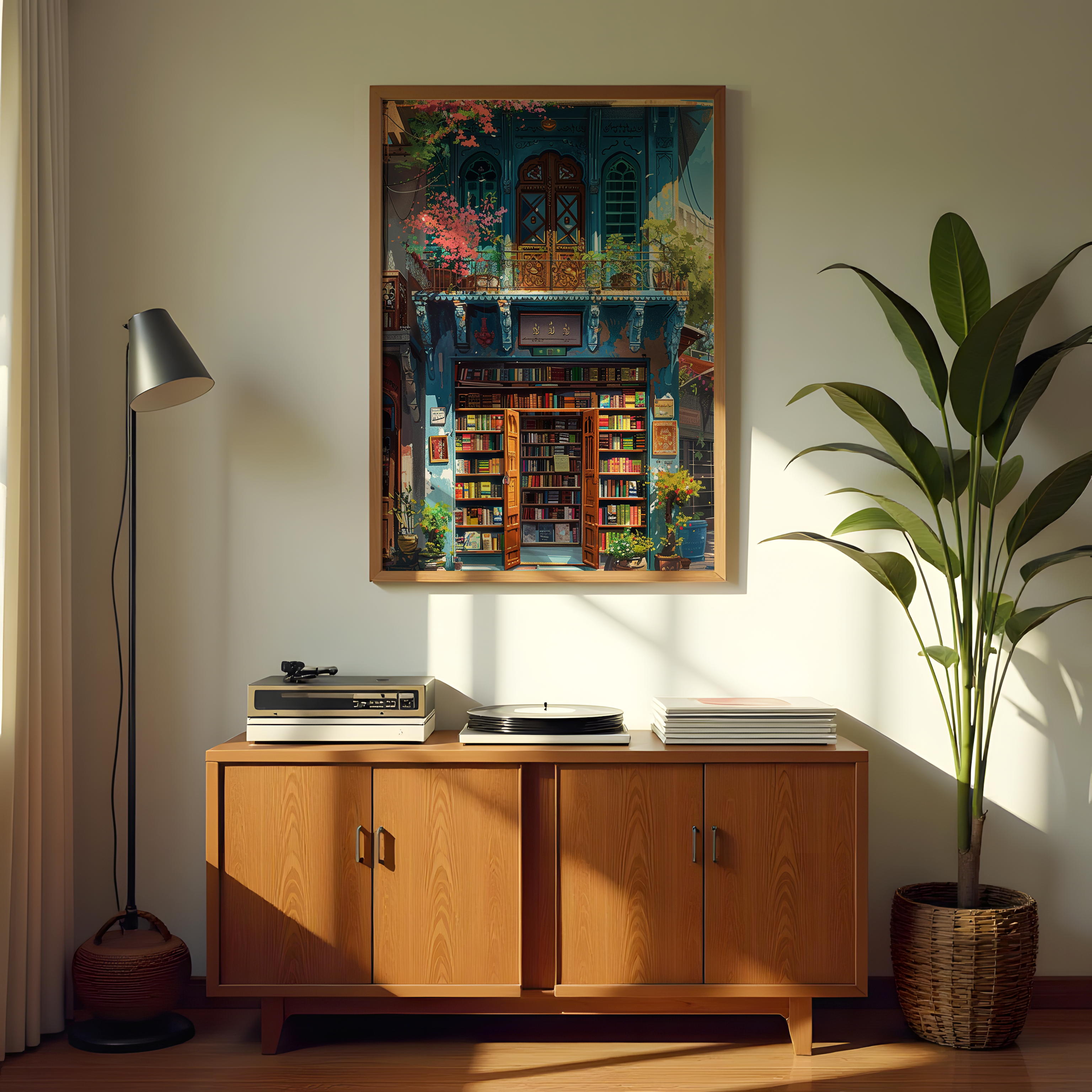 Vintage bookstore street scene with colorful books and flowers