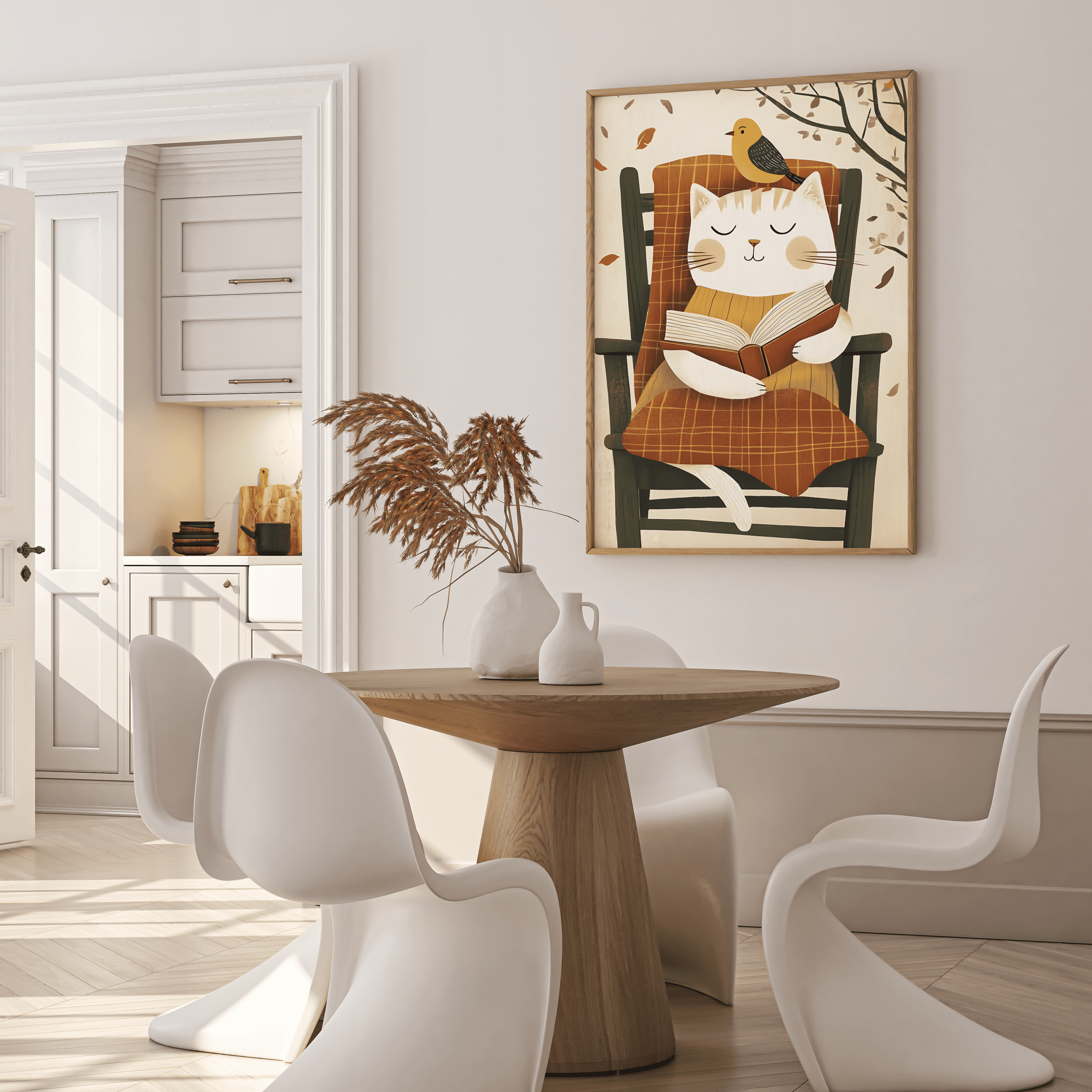 Cozy cat painting holding book with bird on head for home décor