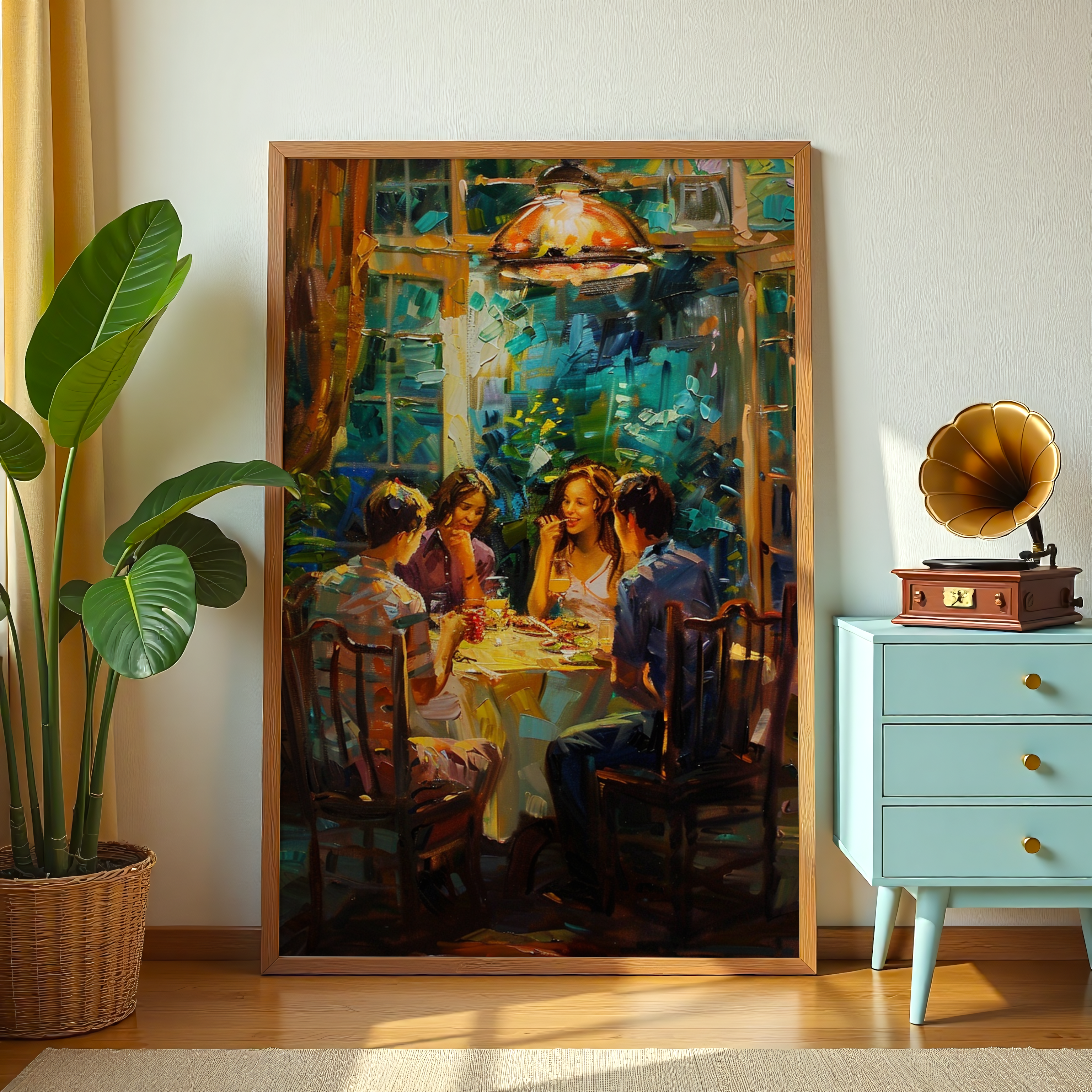 Evening dining scene canvas painting with friends around a table, cozy atmosphere for home and hospitality interiors