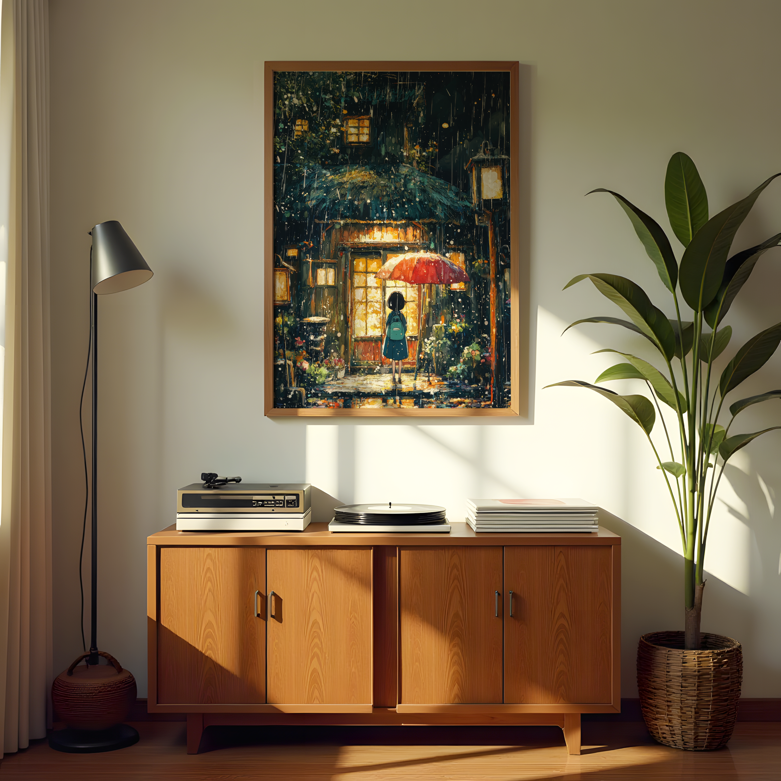 Anime-inspired painting of girl with umbrella in rain