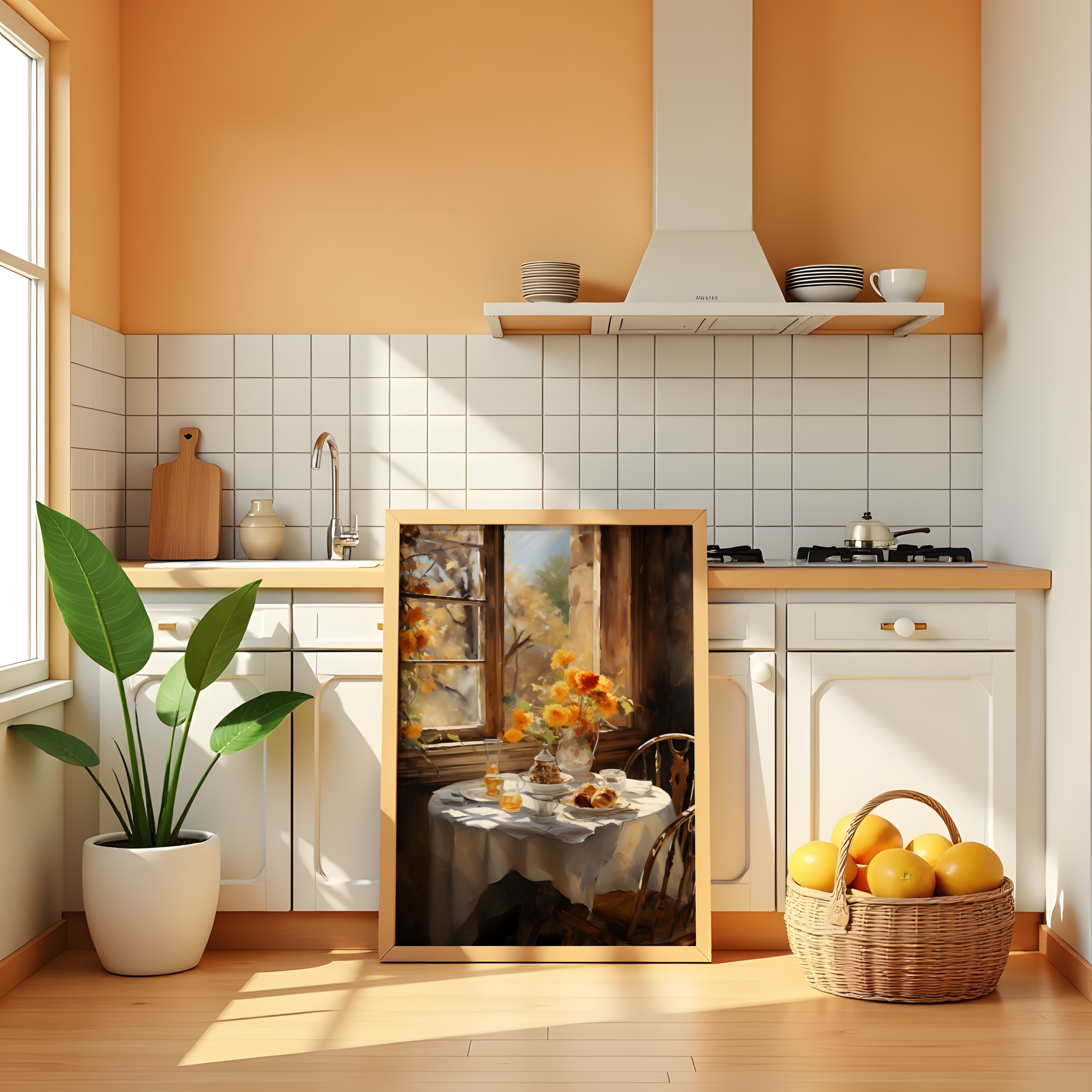 Peaceful autumn morning with tea, croissants, and yellow chrysanthemums in soft light