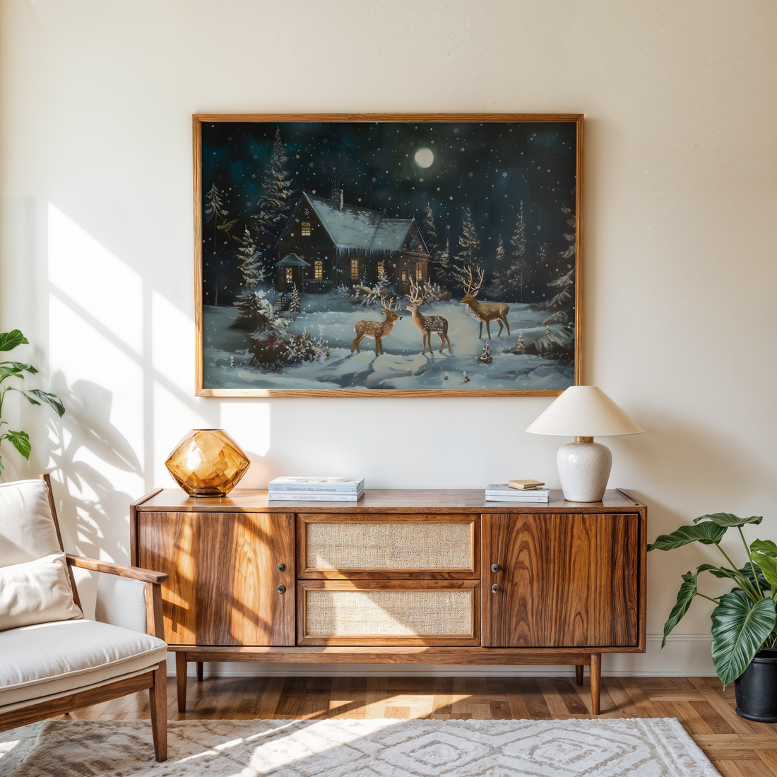 Cozy moonlit snowy forest deer canvas print for home decor in India