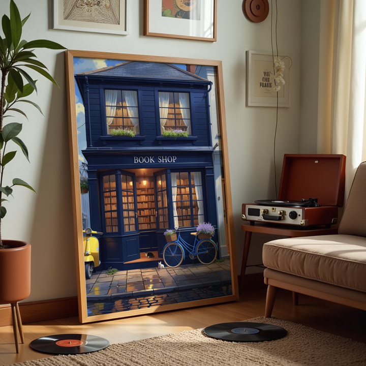 Framed artwork of a blue bookshop in a cozy living room with a record player and plant.