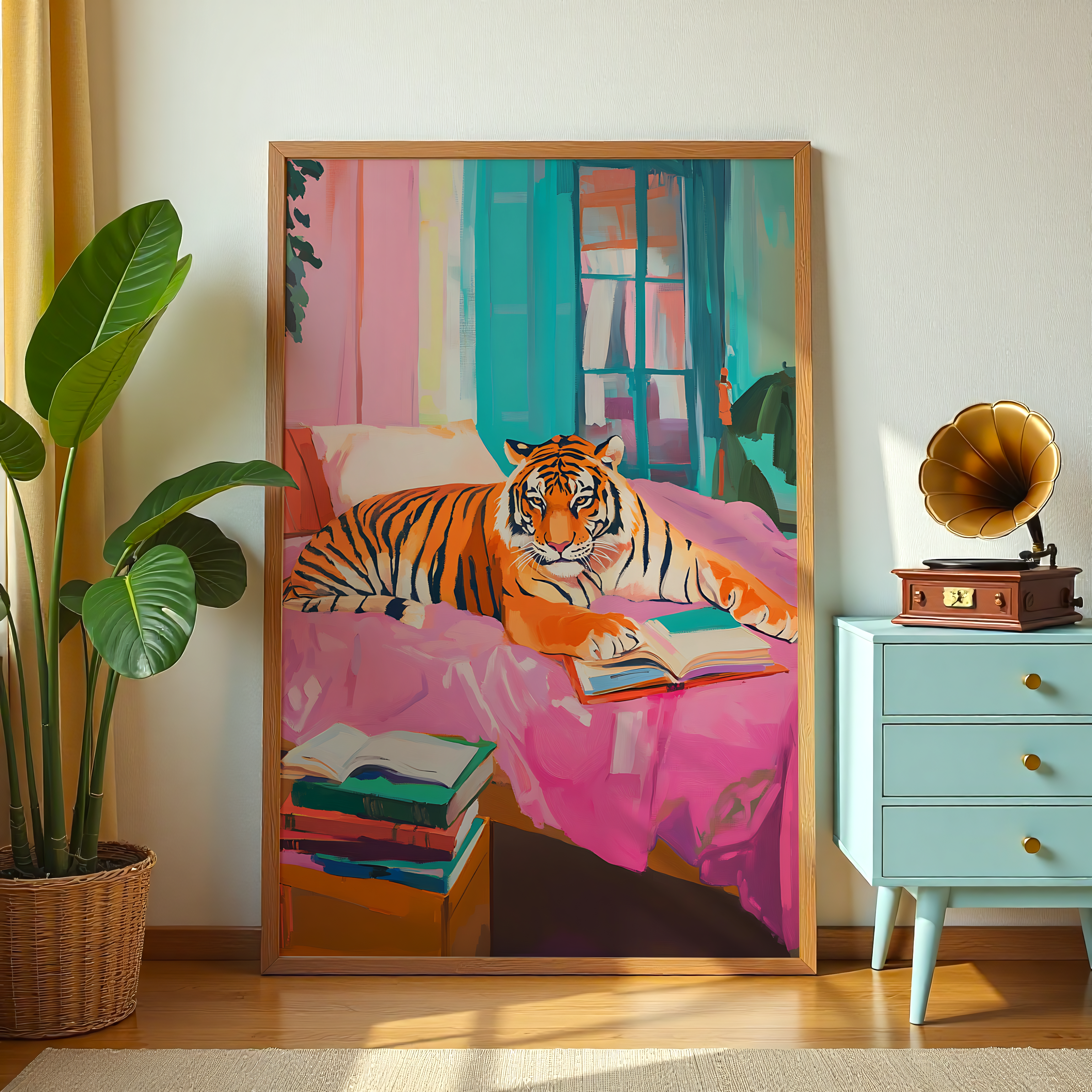 Vibrant tiger lounging on a bed with books in cozy wall painting