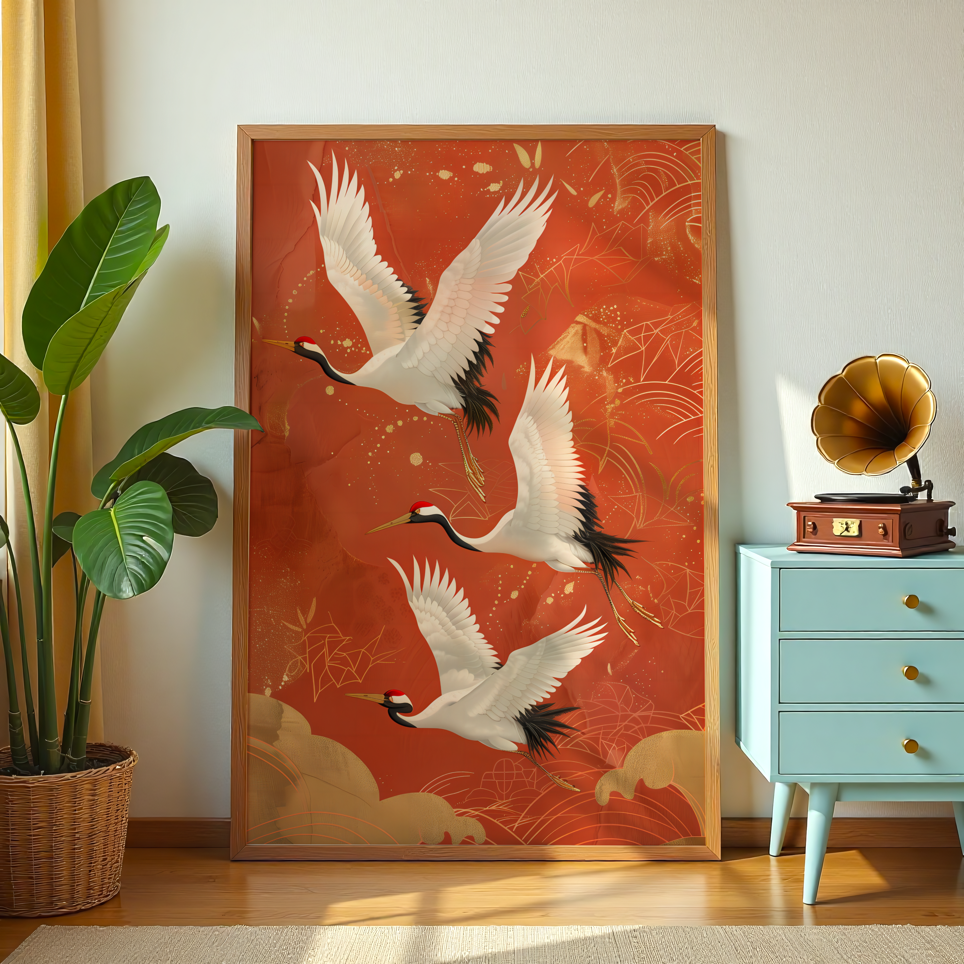 Elegant cranes flying painting for modern home décor