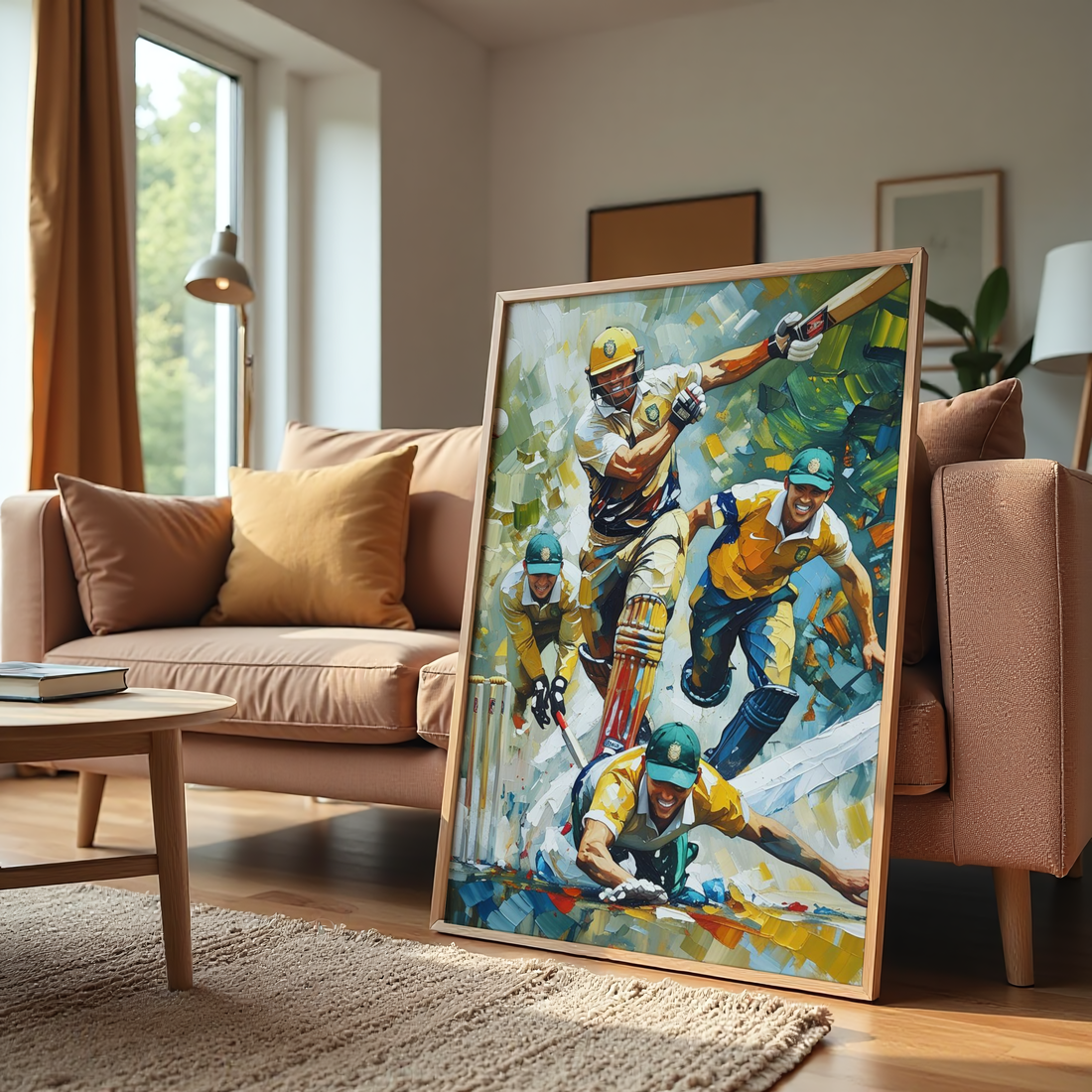 Colorful painting of athletes in action displayed in a living room.