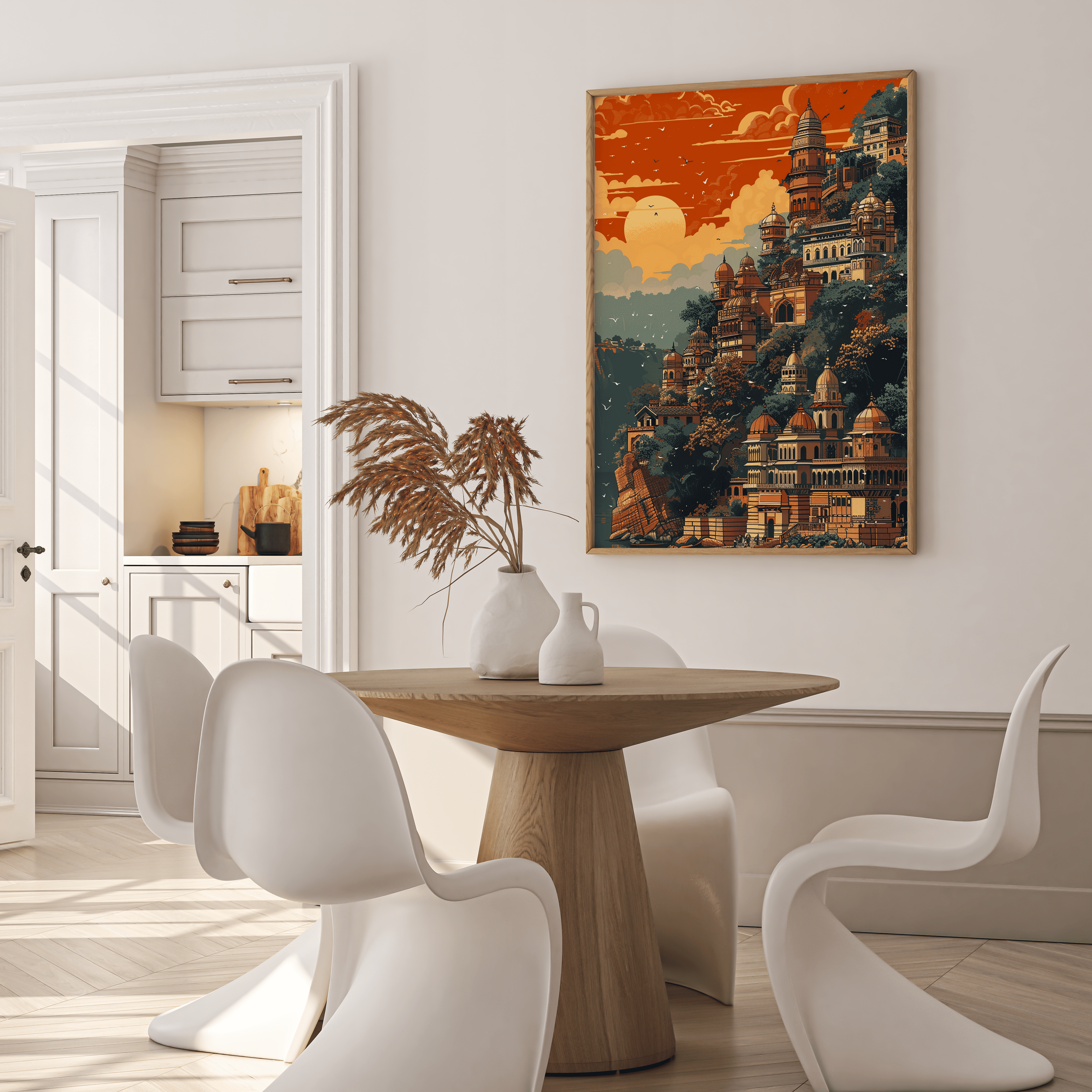 Cultural Indian palace and temple architecture wall art with river reflection