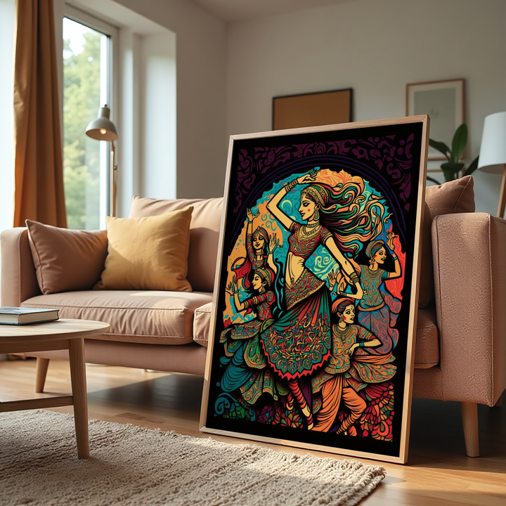 Colorful Indian folk dance wall art featuring graceful women in motion