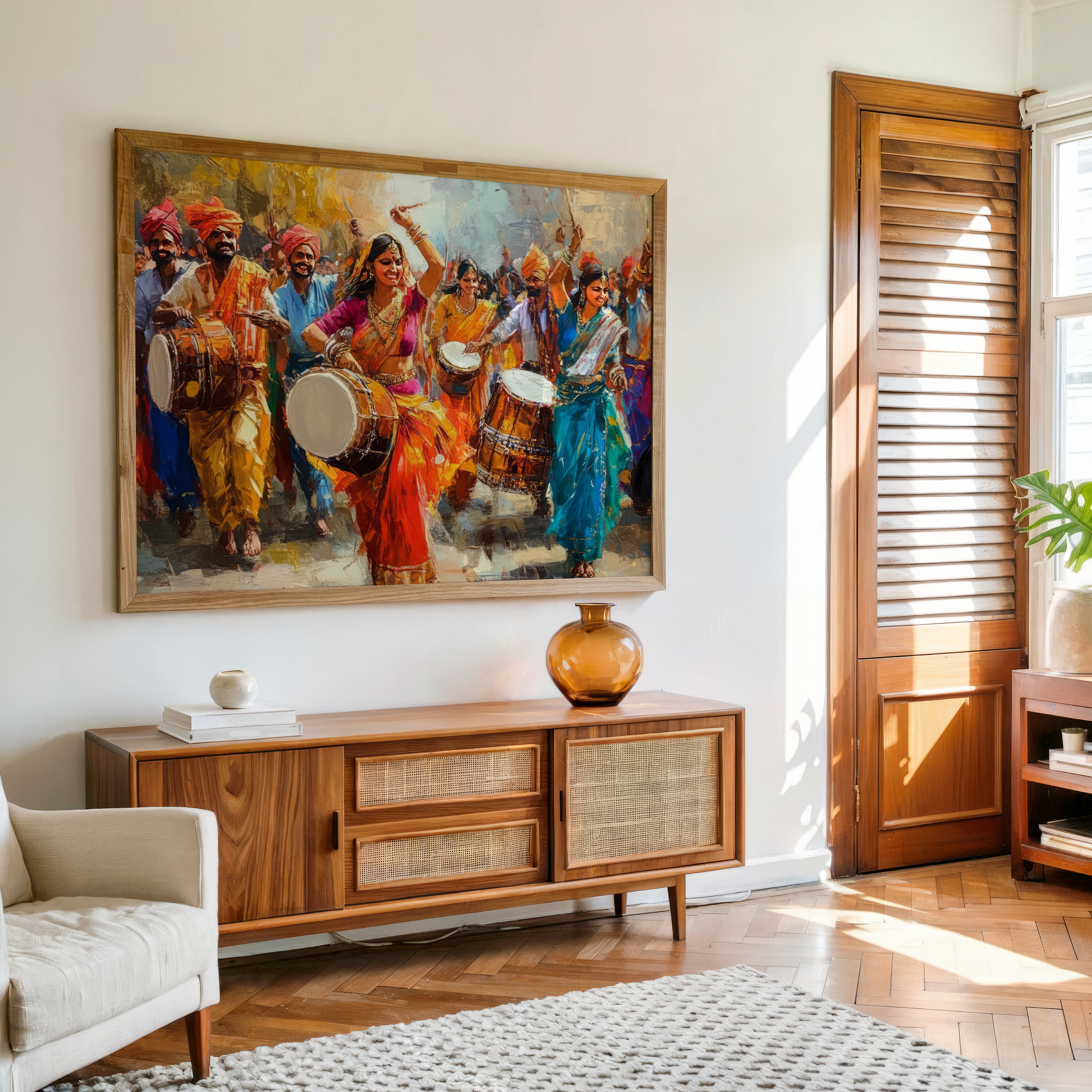 Canvas wall art of Indian festival with women dancing in colorful sarees and men playing traditional drums in a vibrant street scene