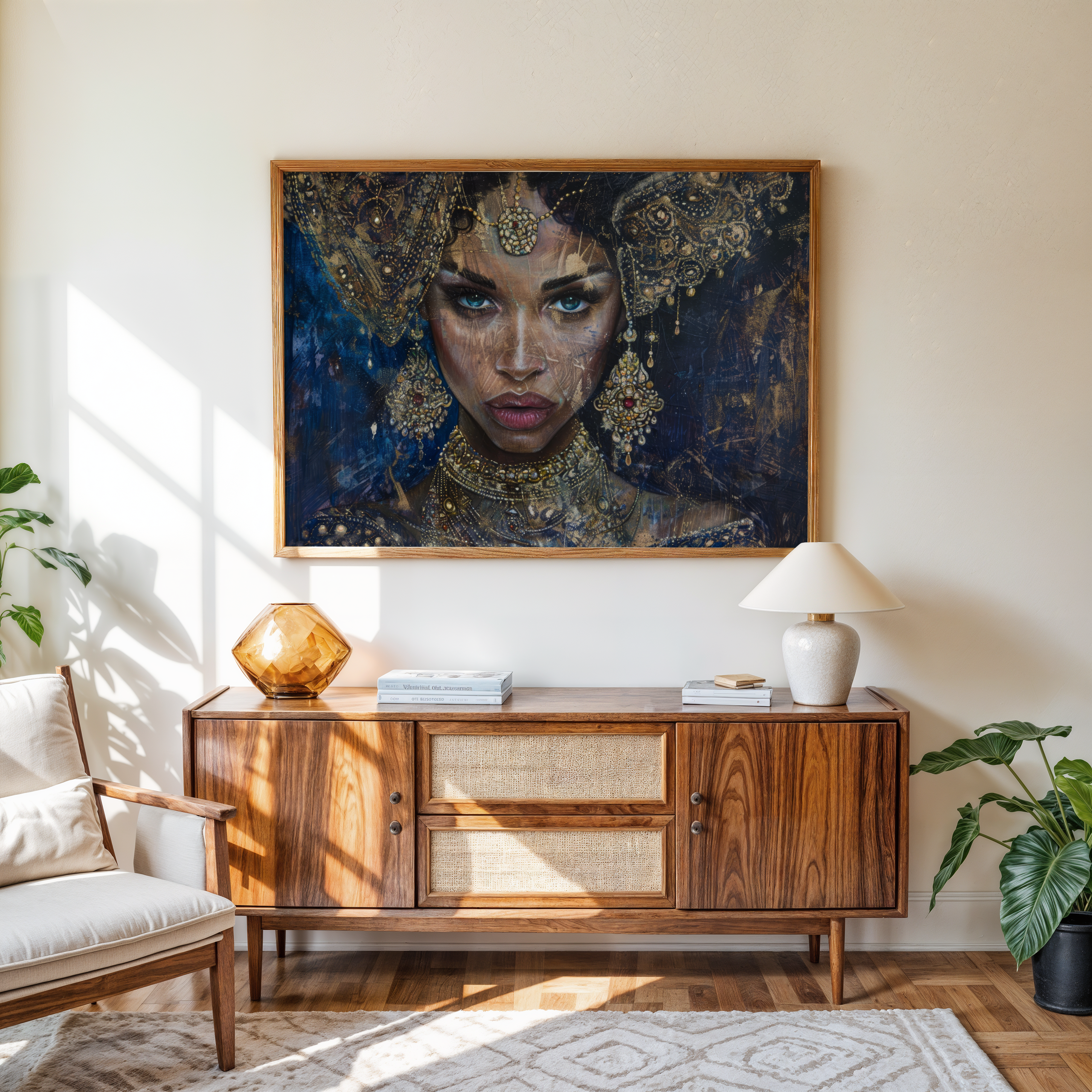 Cultural portrait canvas wall art featuring elegant woman in traditional attire and jewelry