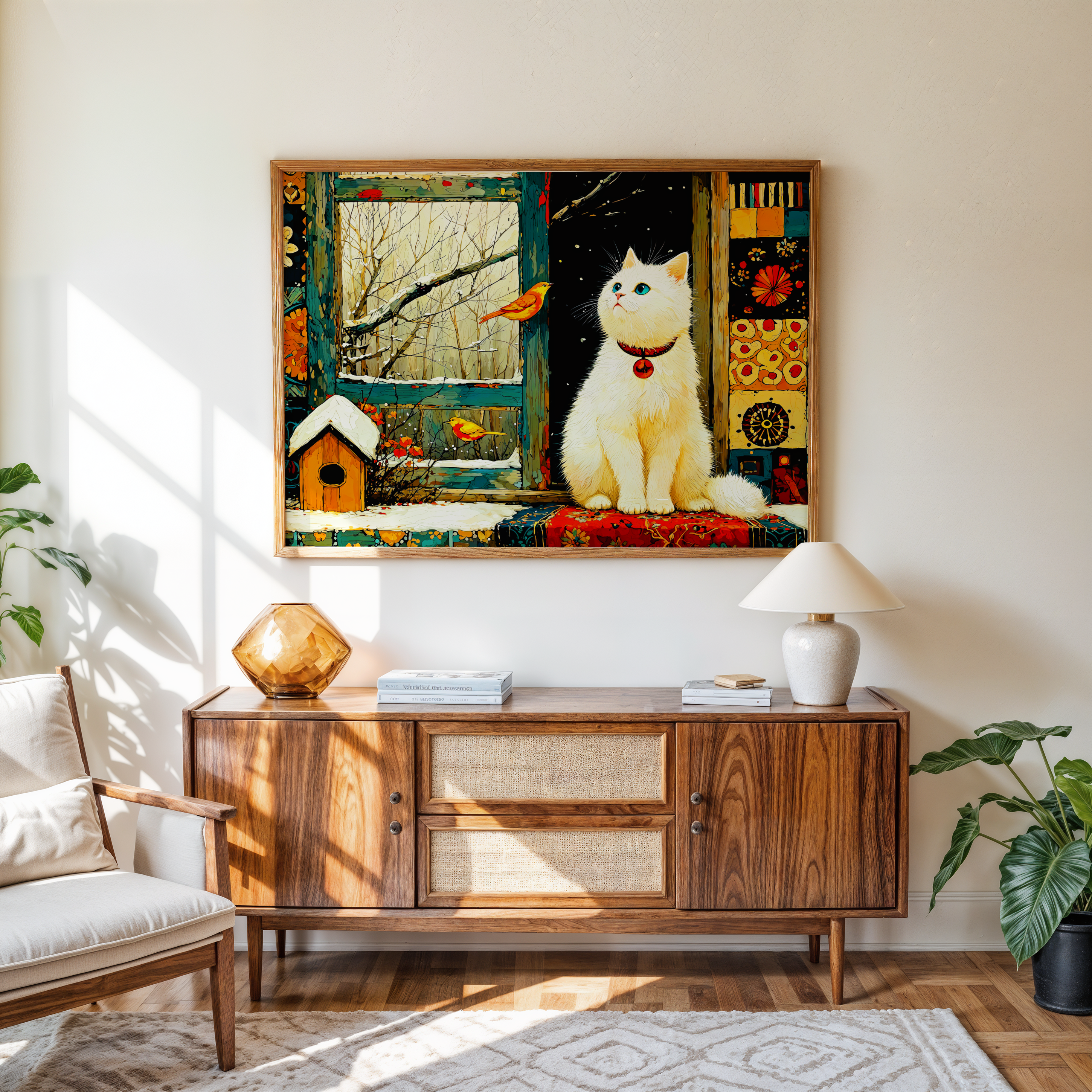 Living room with a wooden sideboard, lamp, and decorative painting of a cat.