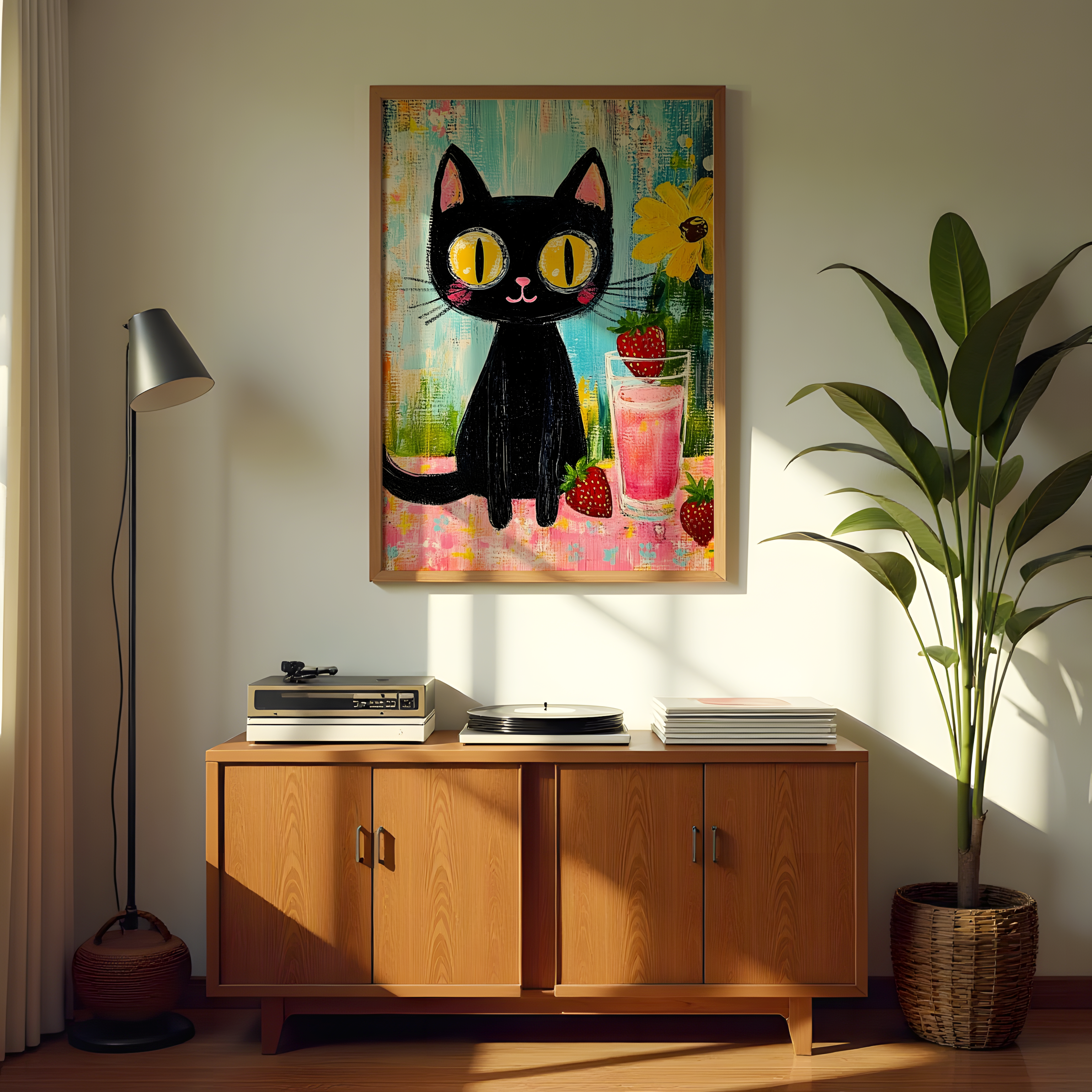 Playful black cat painting with colorful background and strawberries