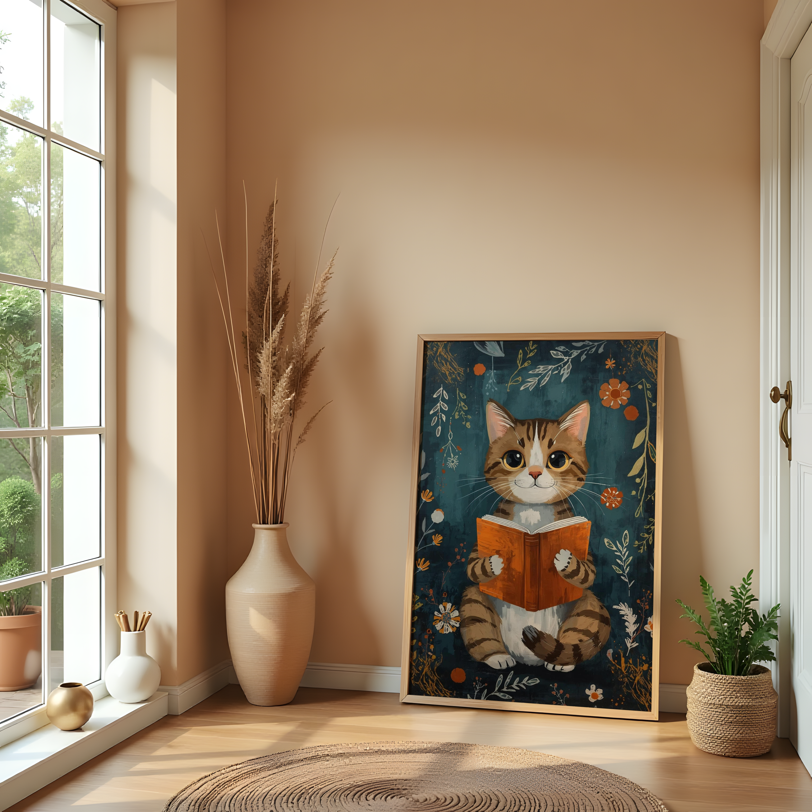 Boho Cat Reading Book Canvas Painting – Cozy Wall Art