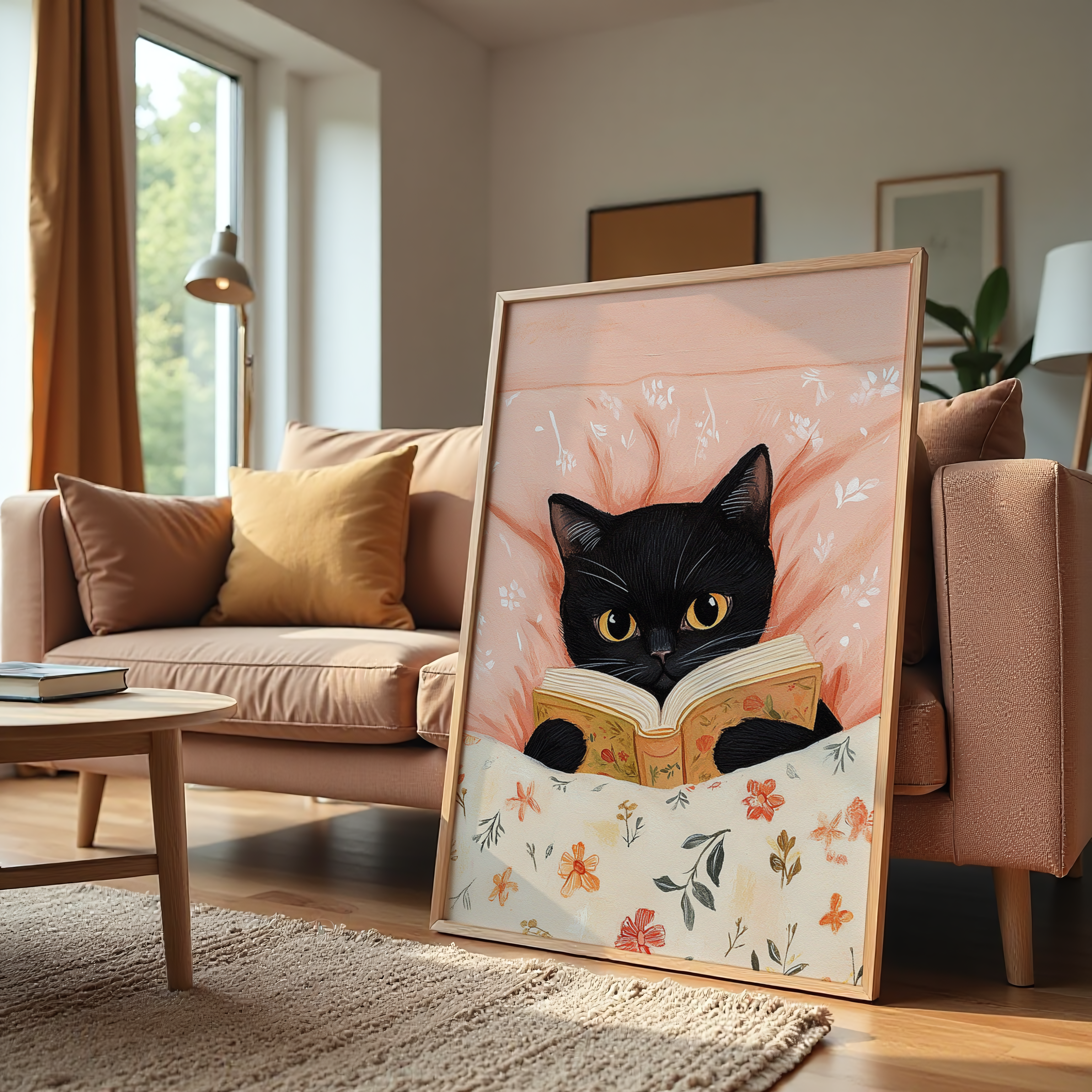 Cute black cat canvas painting for cozy home décor