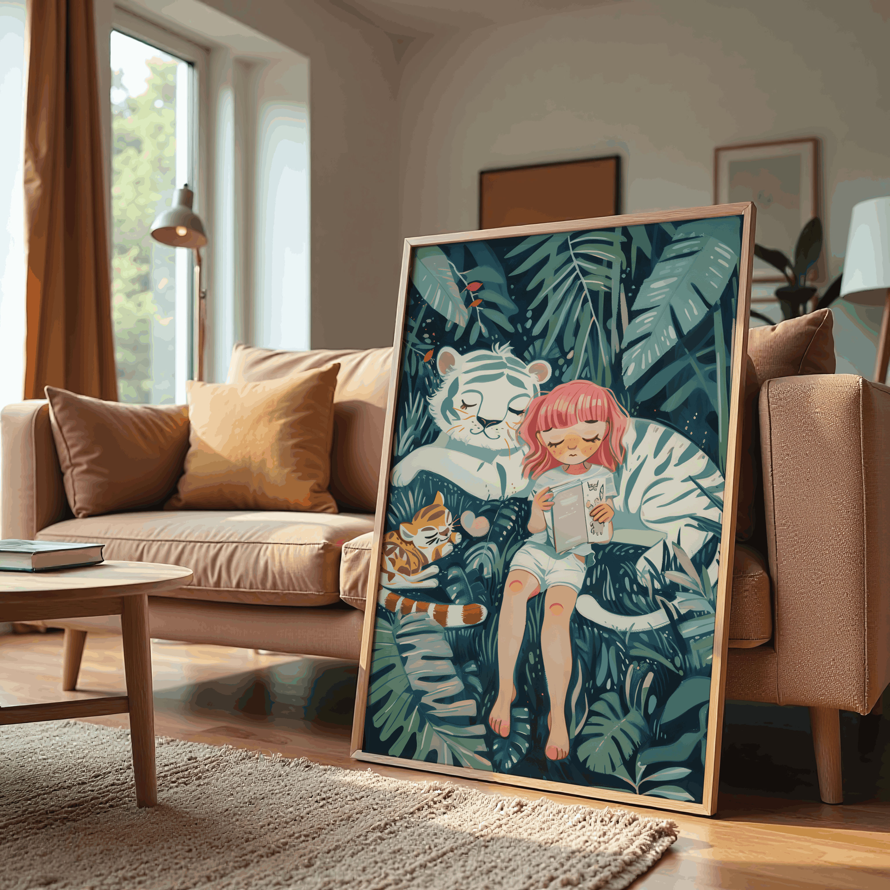 Cute Girl & White Tiger Nursery Canvas Wall Art