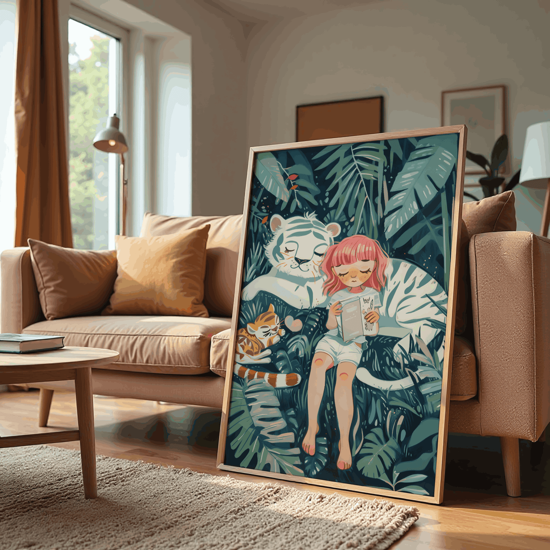 Cute Girl & White Tiger Nursery Canvas Wall Art