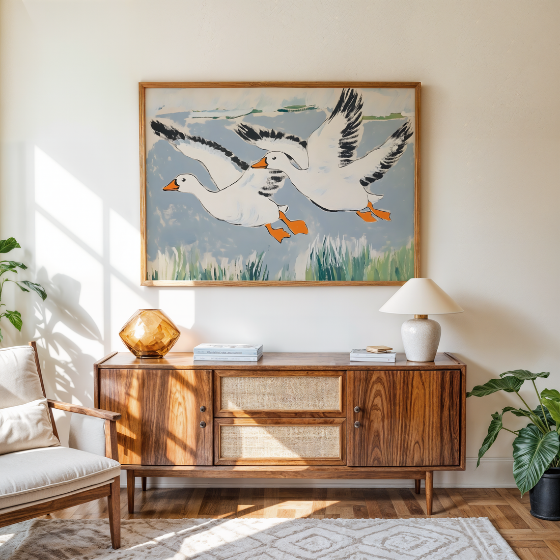 Cute goose bird wall decor for kids room with minimalist illustration style