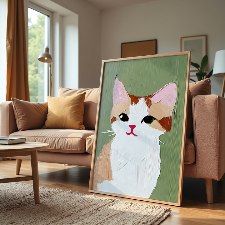 Cute hand-painted cat canvas wall art with soft green background