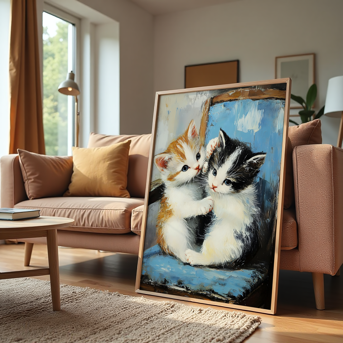 Cute kittens wall art canvas print showing two kittens cuddling in a cozy painting style