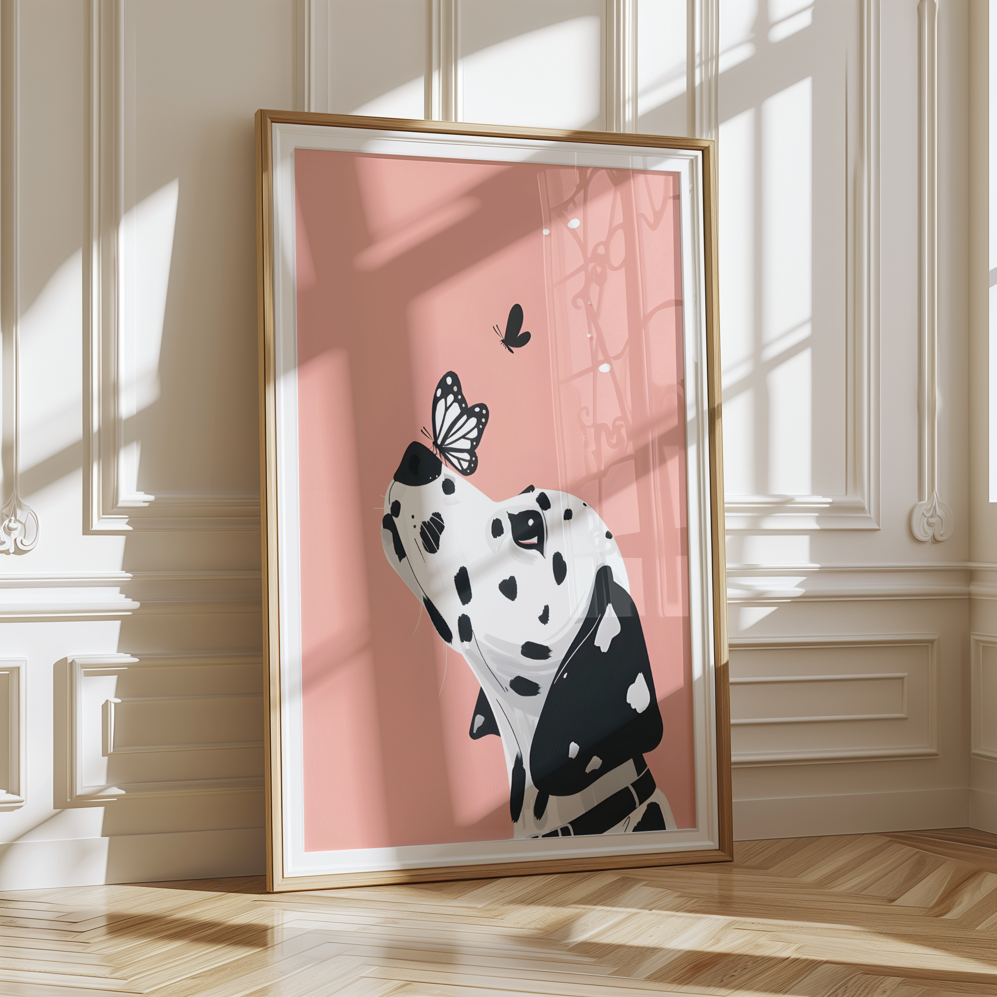 Minimal artwork of a Dalmatian dog with butterflies on a soft pink background