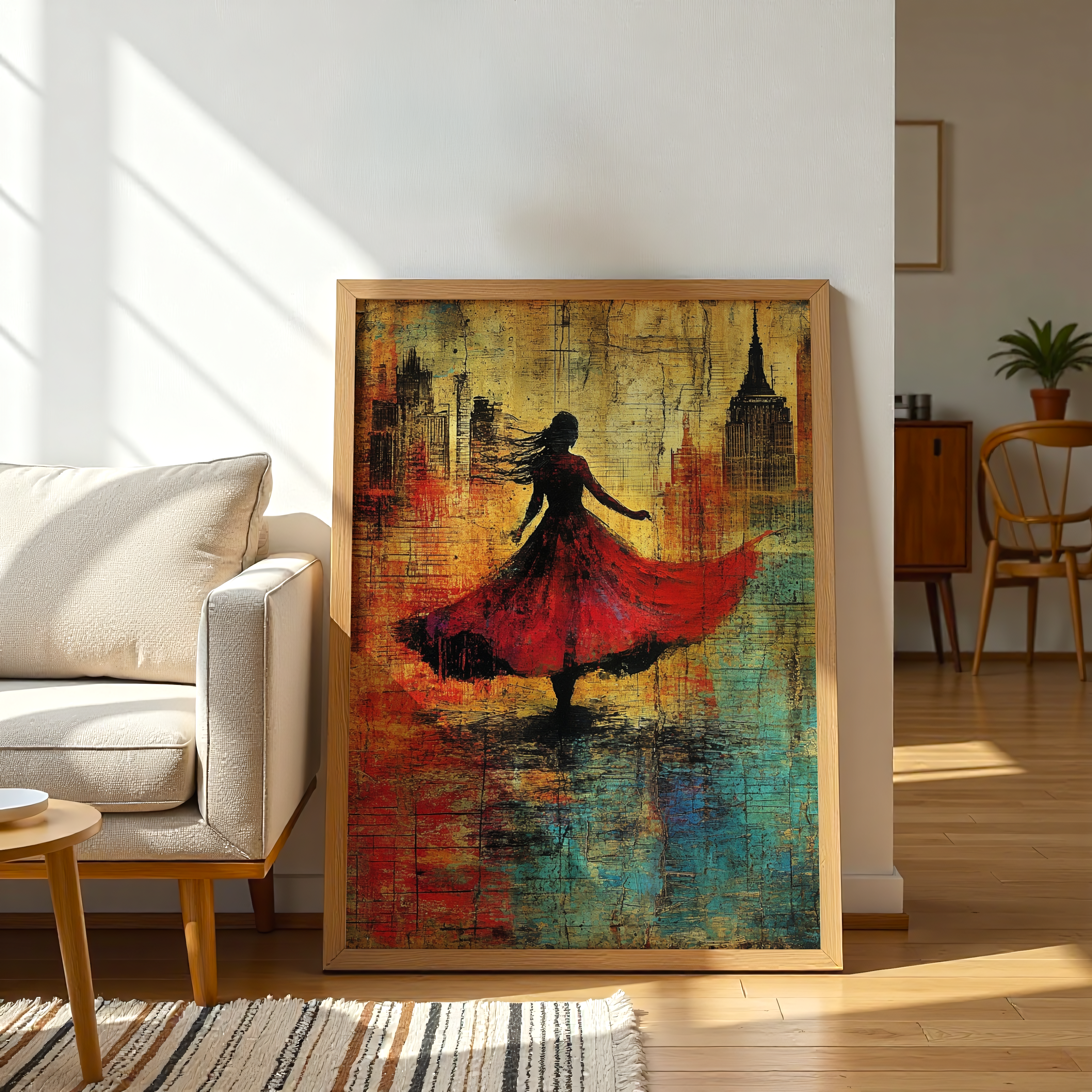 Textured red and gold artwork of a woman dancing in the city, perfect for urban decor