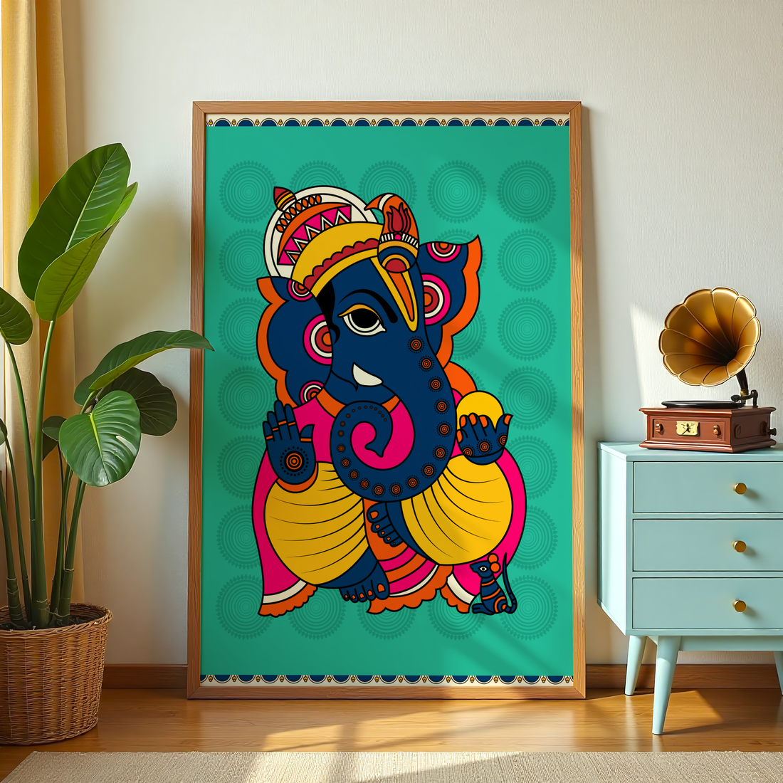 Colorful Ganesha artwork in Indian folk-art style on teal background
