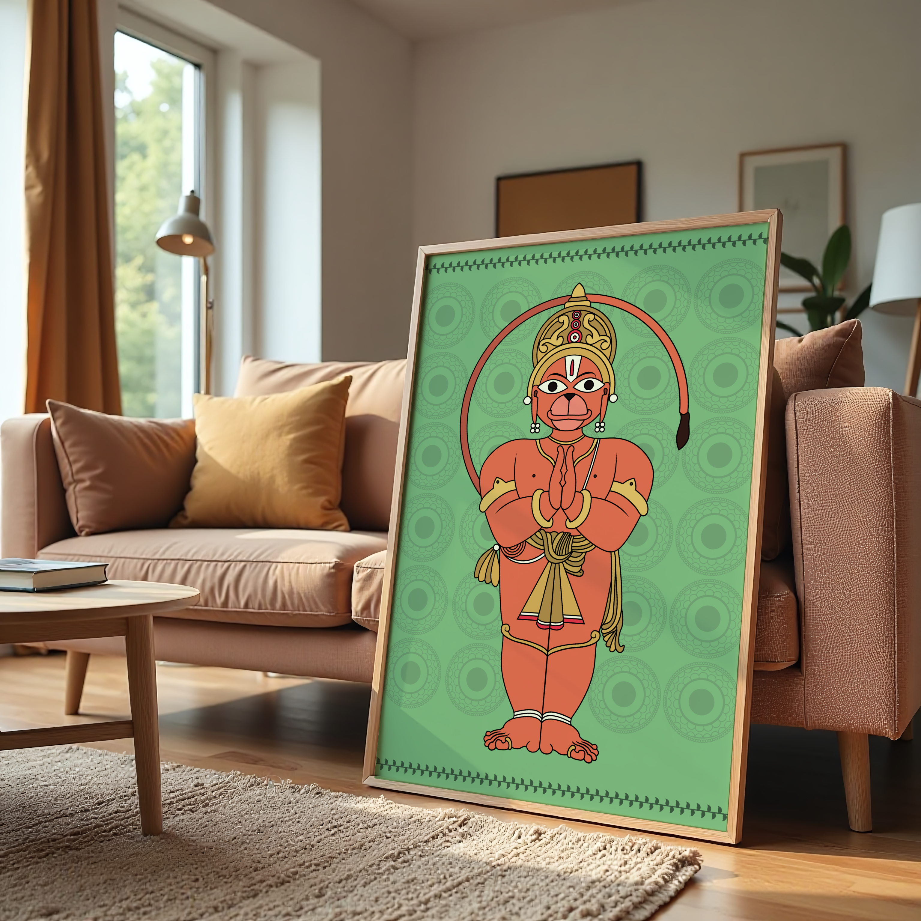 Devotional Hanuman artwork featuring vibrant folk-art style on green background