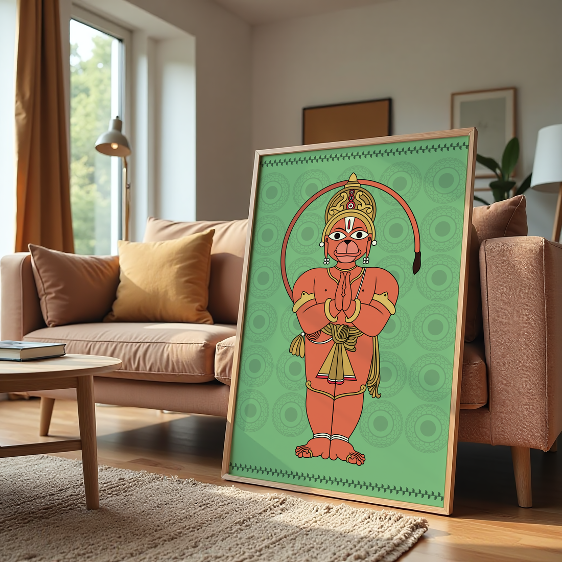 Devotional Hanuman artwork featuring vibrant folk-art style on green background