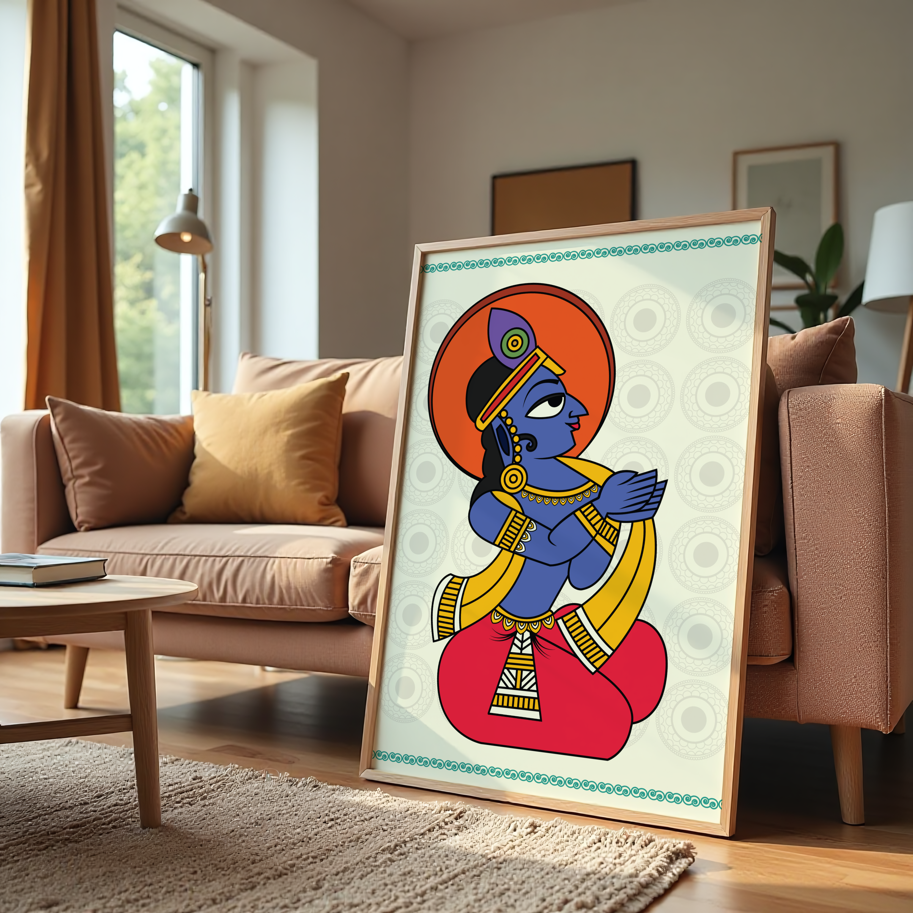 Devotional Krishna artwork featuring blue-skinned deity in Indian folk style