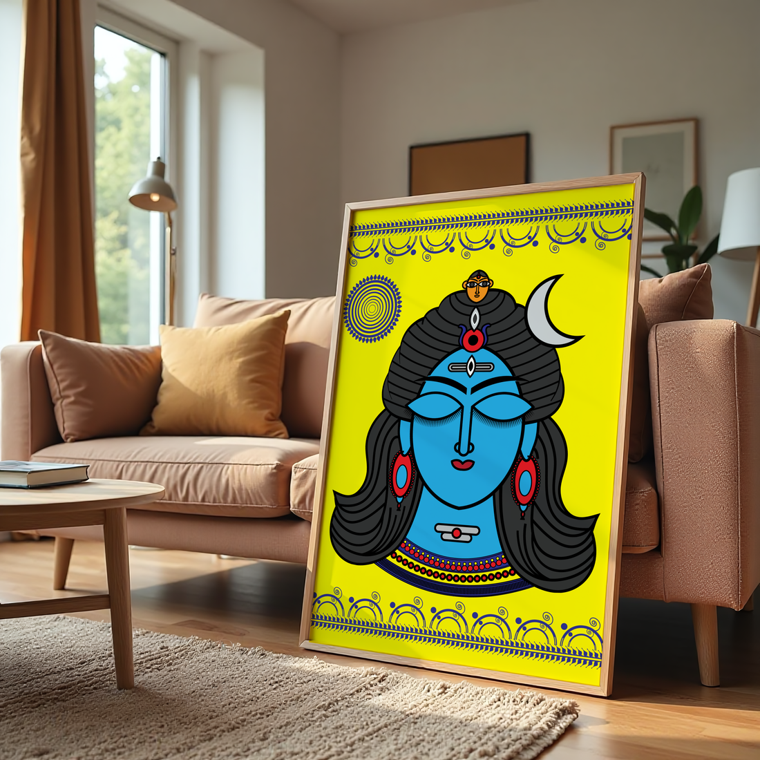 Spiritual Shiva artwork featuring blue-faced deity in Indian folk style