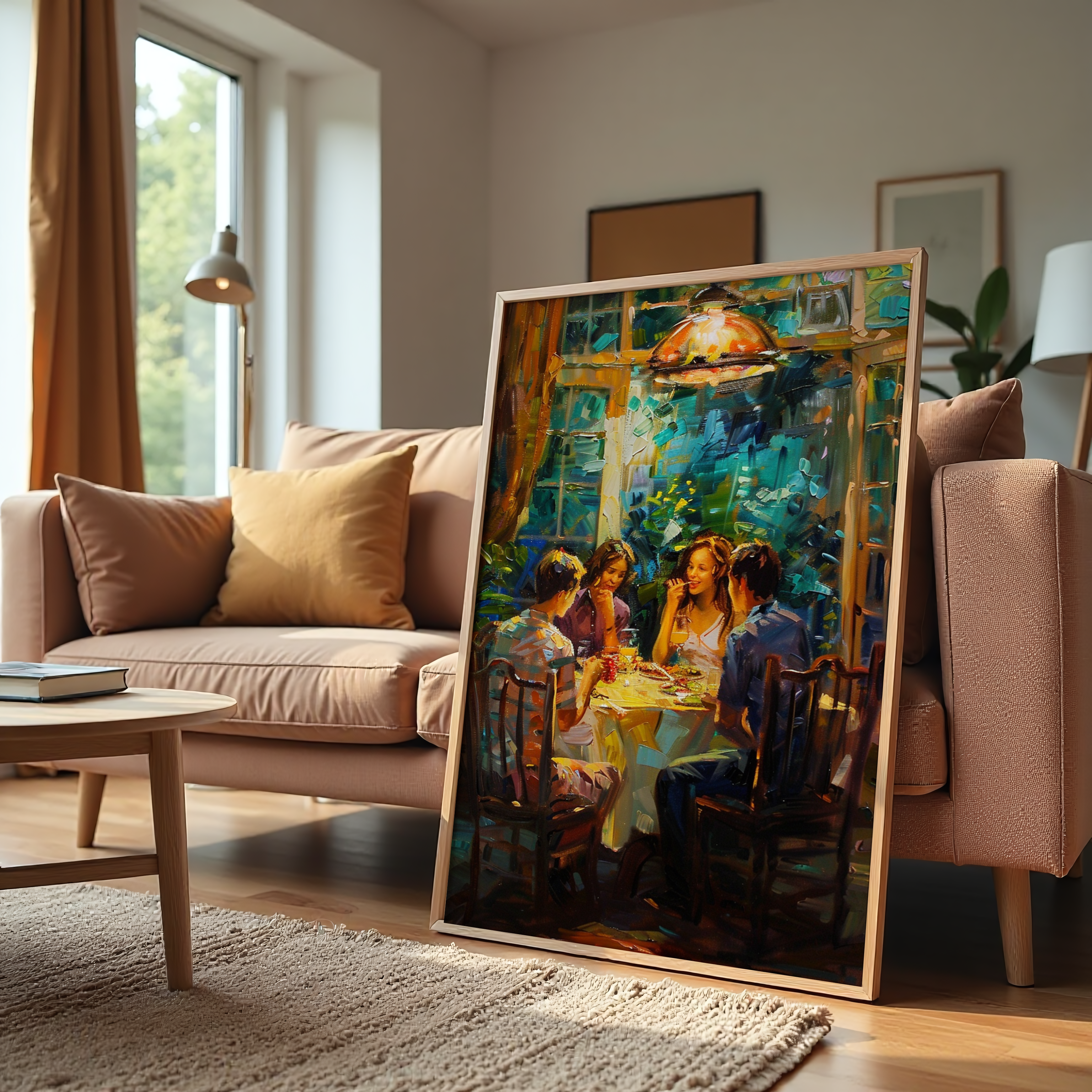 Canvas wall art of friends dining together under warm café lights, perfect for restaurant or home dining decor