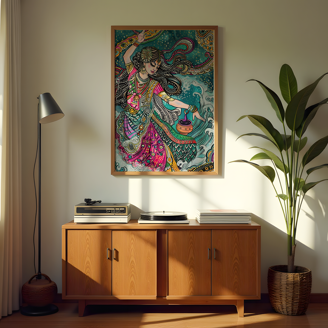 Divine ocean dance Indian goddess canvas wall art with vibrant folk details