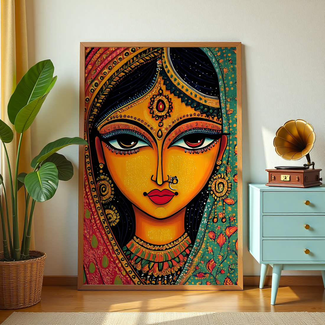 Divine woman portrait in Madhubani style Indian folk art canvas painting