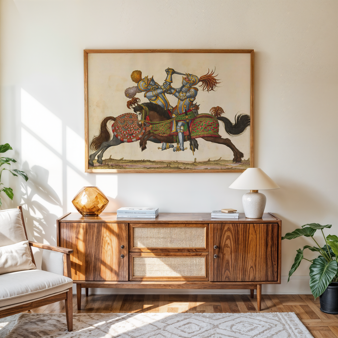 Two knights jousting on horseback in historic armor with decorative gear