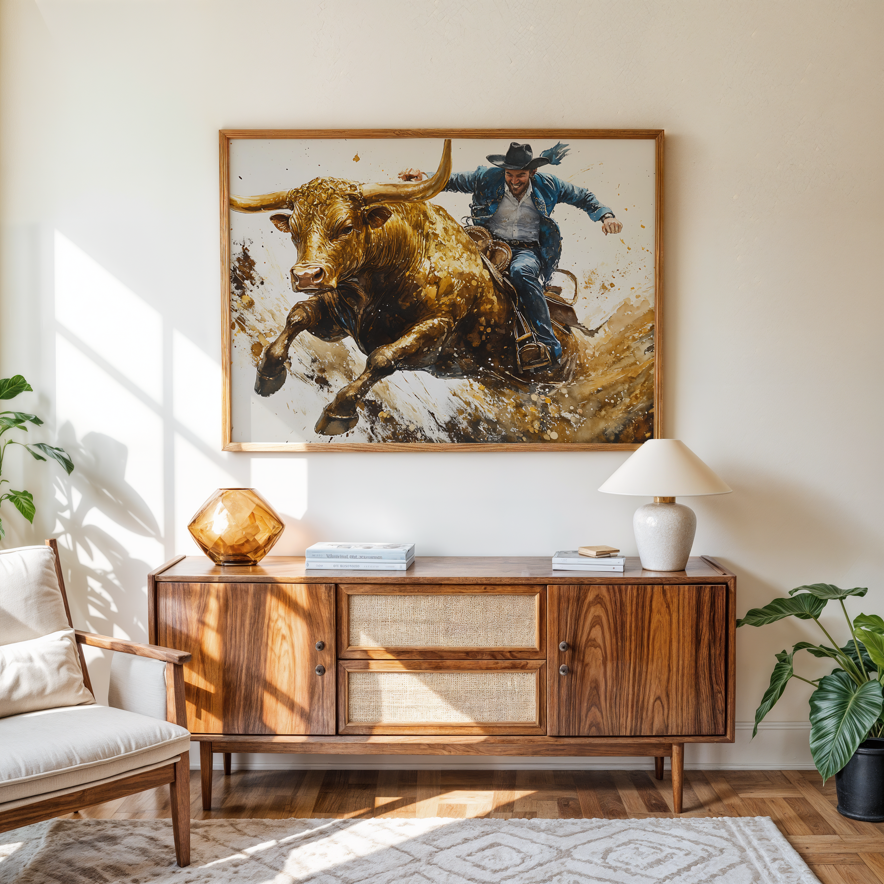 Dynamic cowboy and bull riding canvas with frame