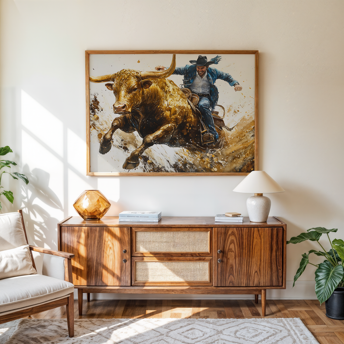 Dynamic cowboy and bull riding canvas with frame