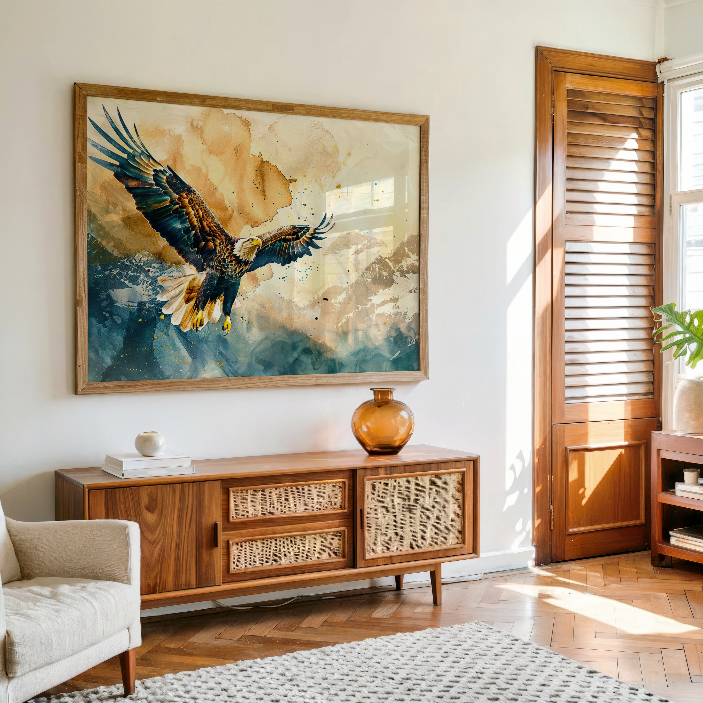 Flying eagle watercolor painting framed canvas