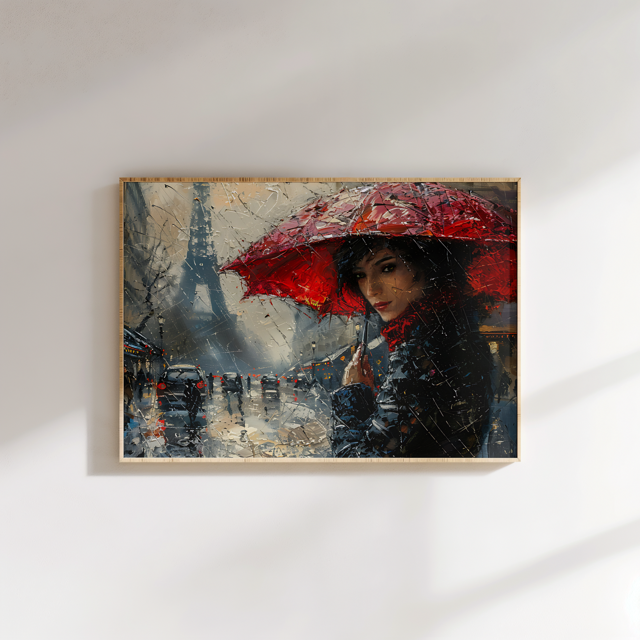 Elegant wall art of lady holding umbrella in Paris city scene