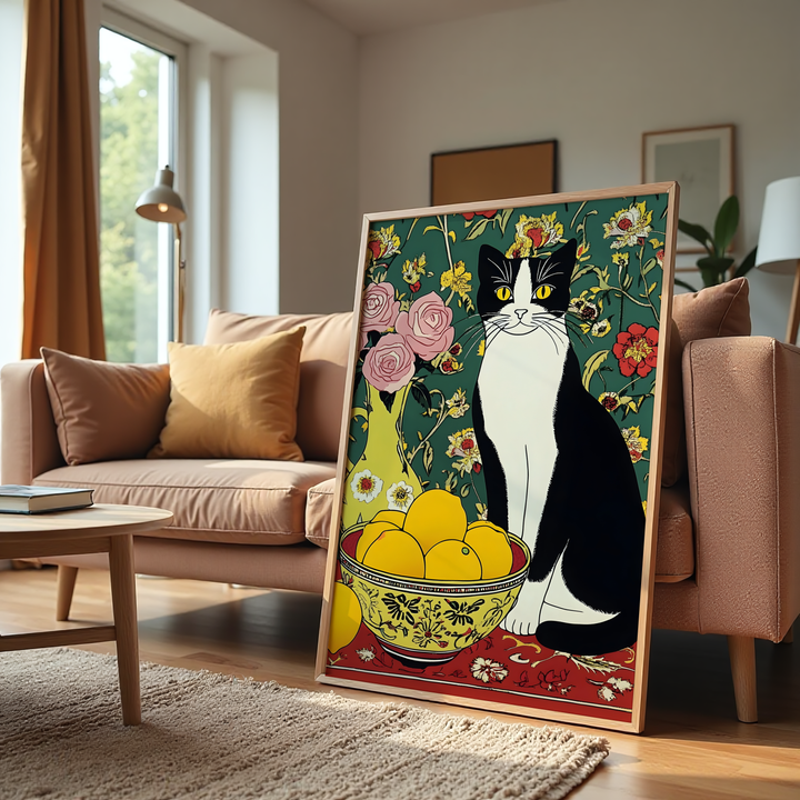 Elegant black and white cat floral still life canvas wall art