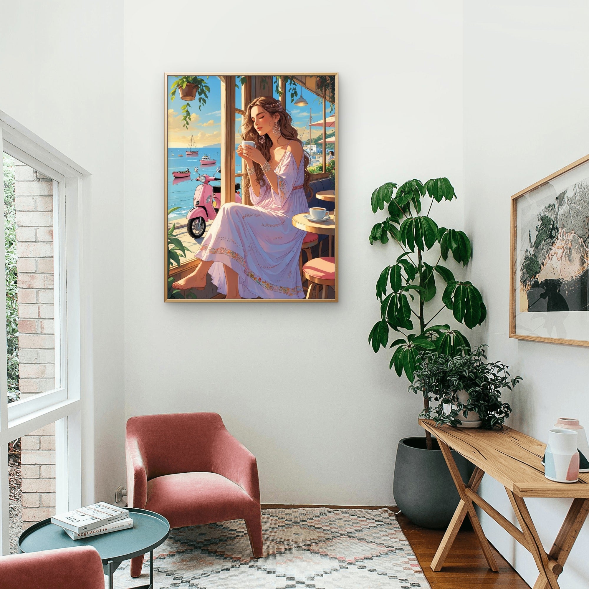 Living room with a painting of a woman at a café, a plant, and a wooden side table.