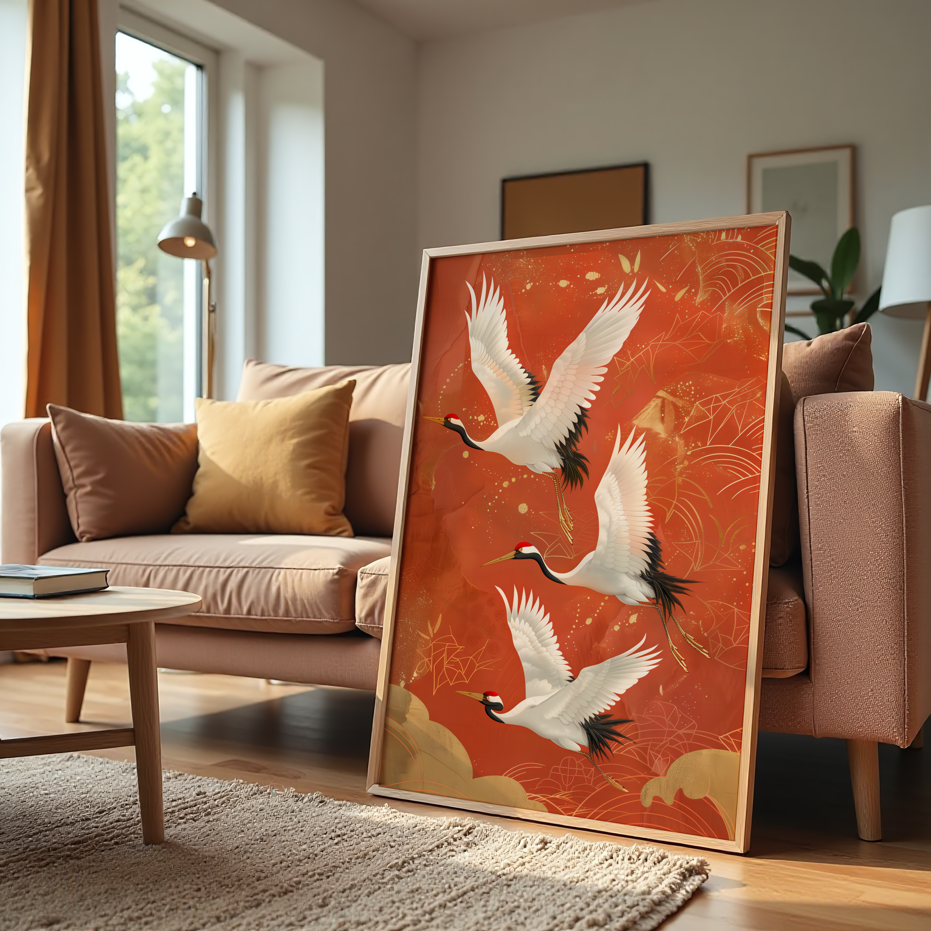 Cranes canvas wall art with red background and golden accents