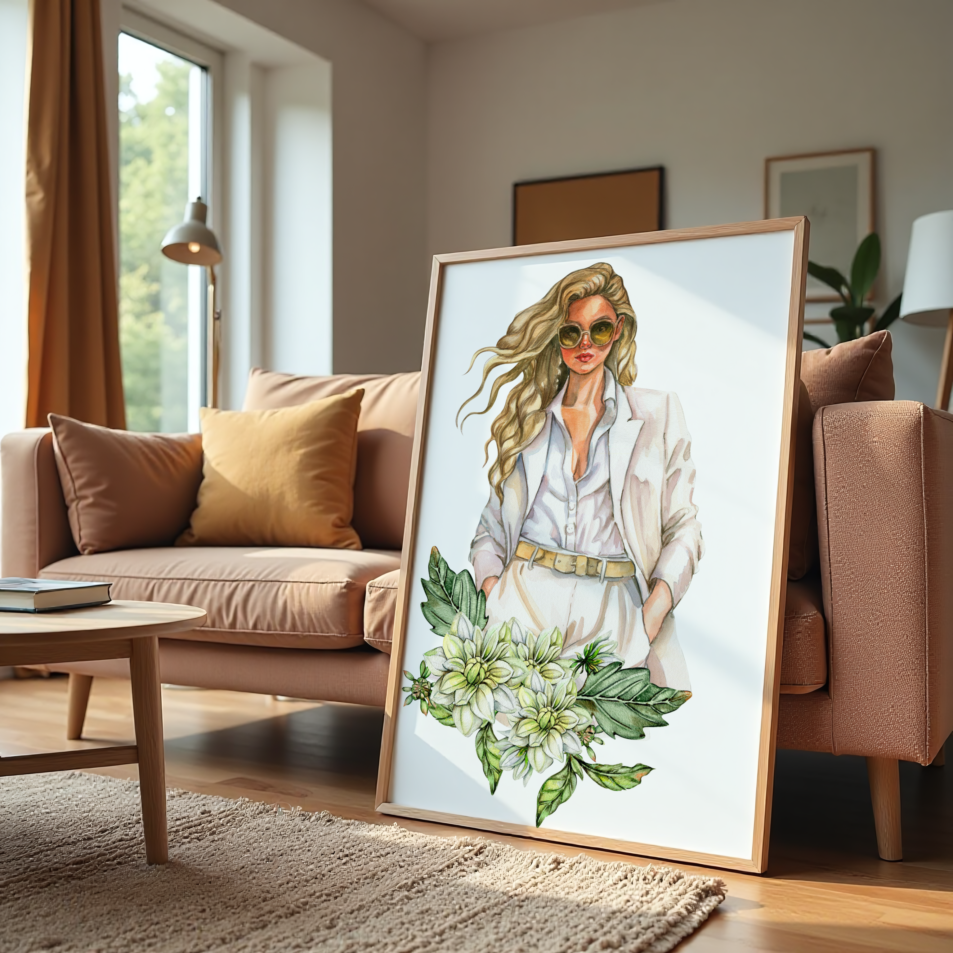 Elegant fashion woman with sunglasses and white dahlia canvas wall art