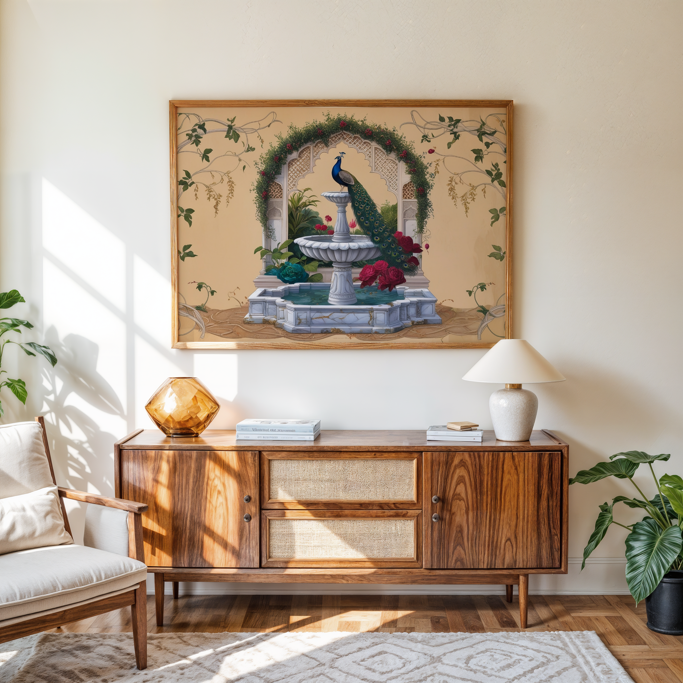 Majestic peacock wall art with floral background and fountain