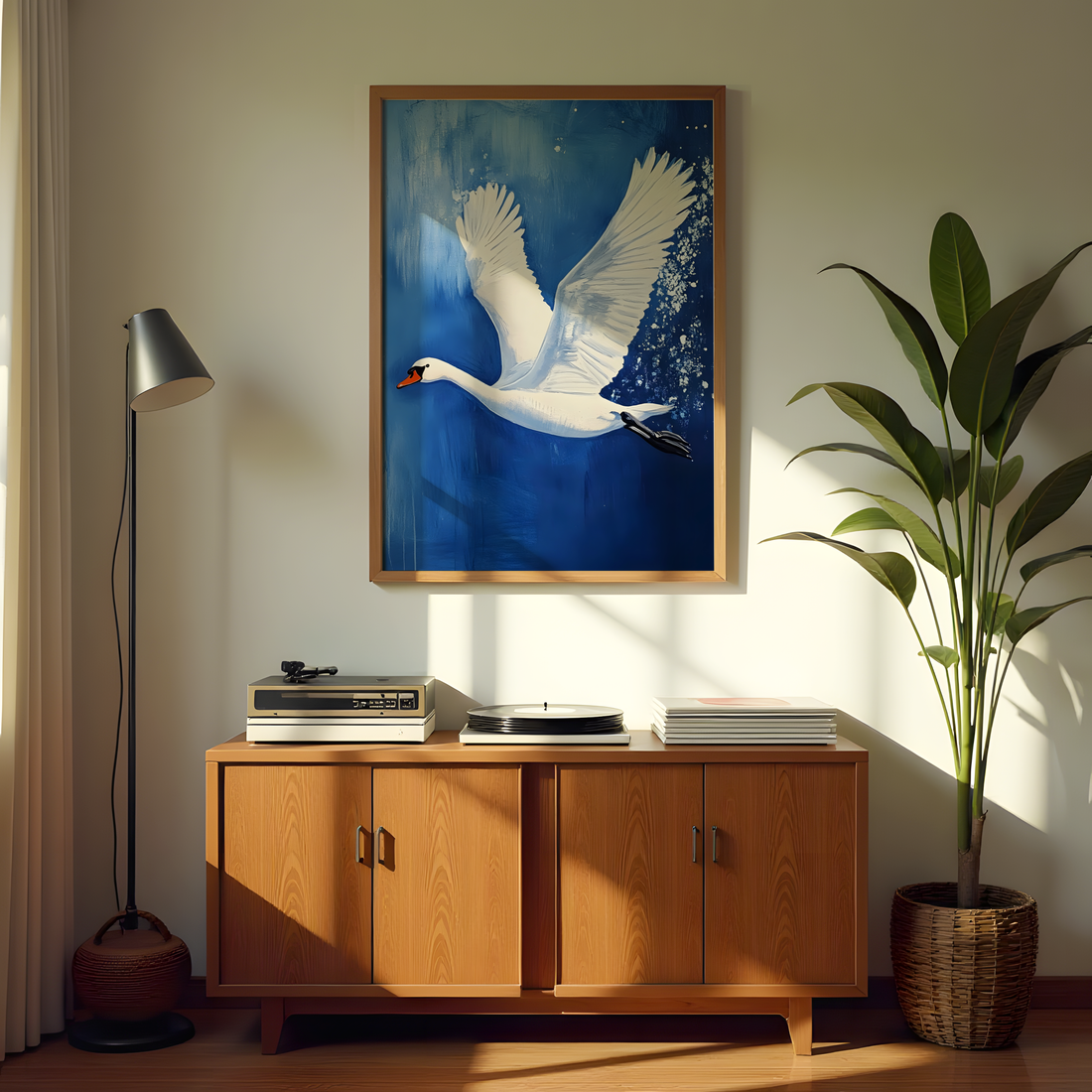 Elegant white swan canvas art on deep blue abstract background