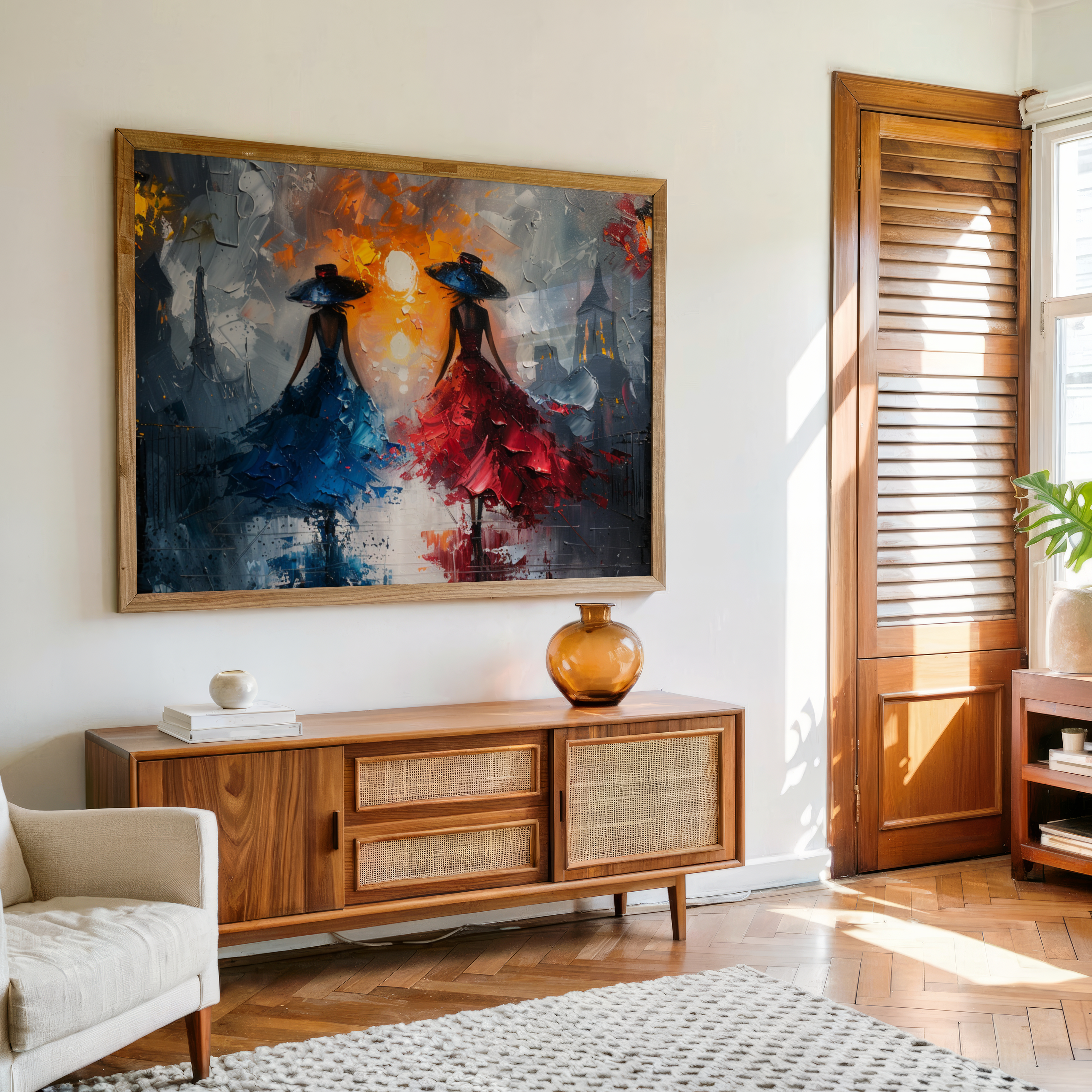 Modern canvas wall art showing two elegant women in flowing red and blue dresses walking in a dramatic city scene