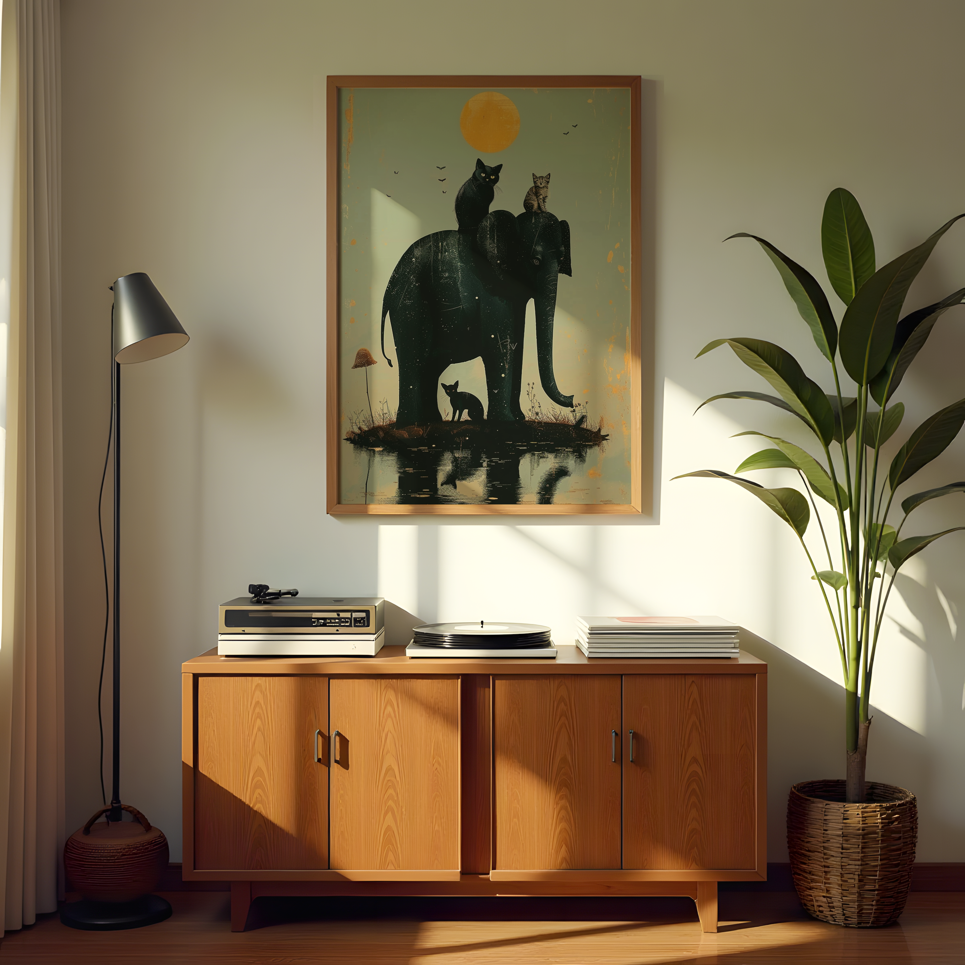 Elephant and cats under moon canvas wall art