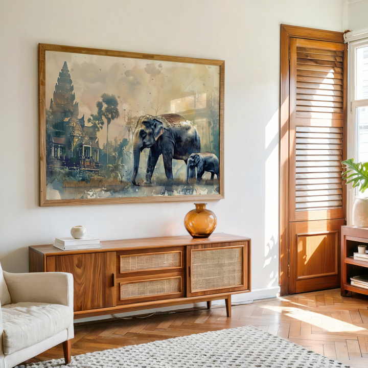 Watercolor elephant mother and calf canvas wall art symbolizing strength and care