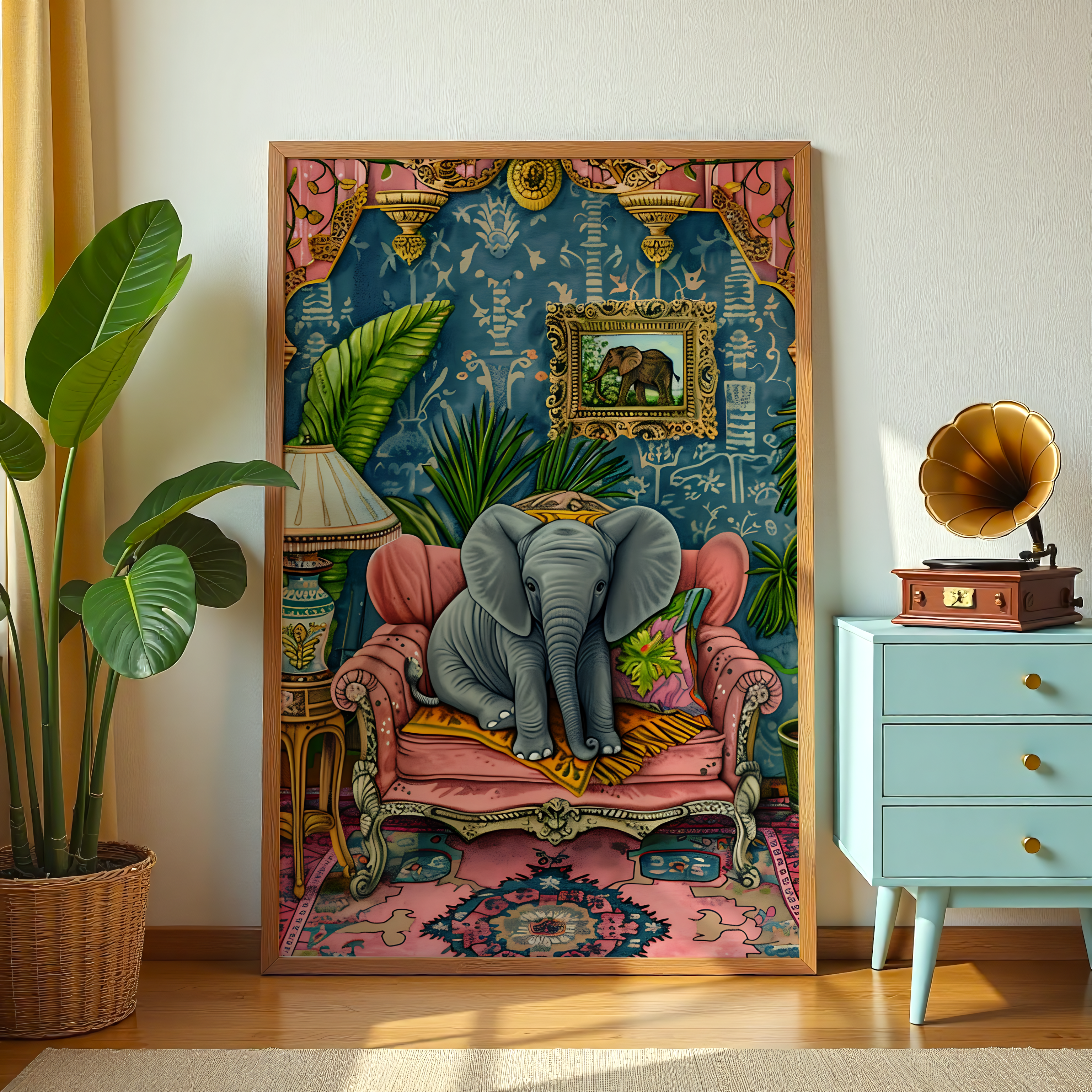 Elephant sitting on pink couch canvas wall art